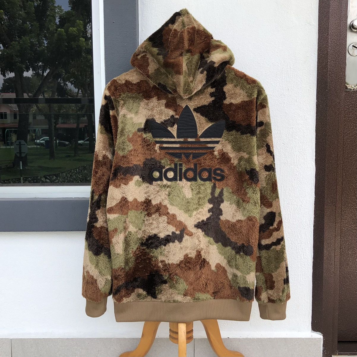 image of Adidas Camo Sherpa Camouflage Embroidery Logo Hoodie Jacket, Men's (Size Medium)