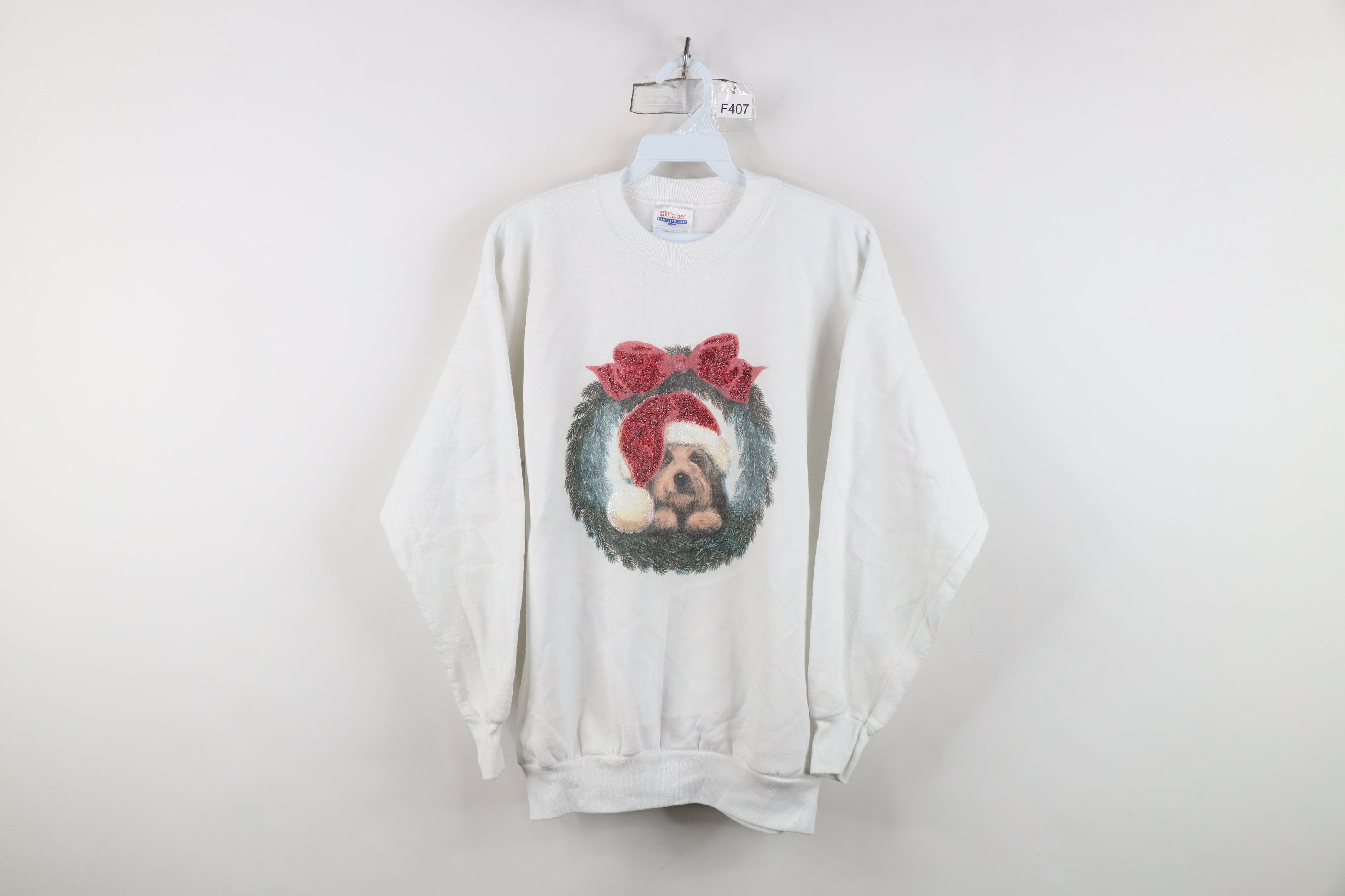 Vintage Vintage 90s Dog Puppy Christmas Wreath Sweatshirt White Size M / US 6-8 / IT 42-44 - 1 Thumbnail