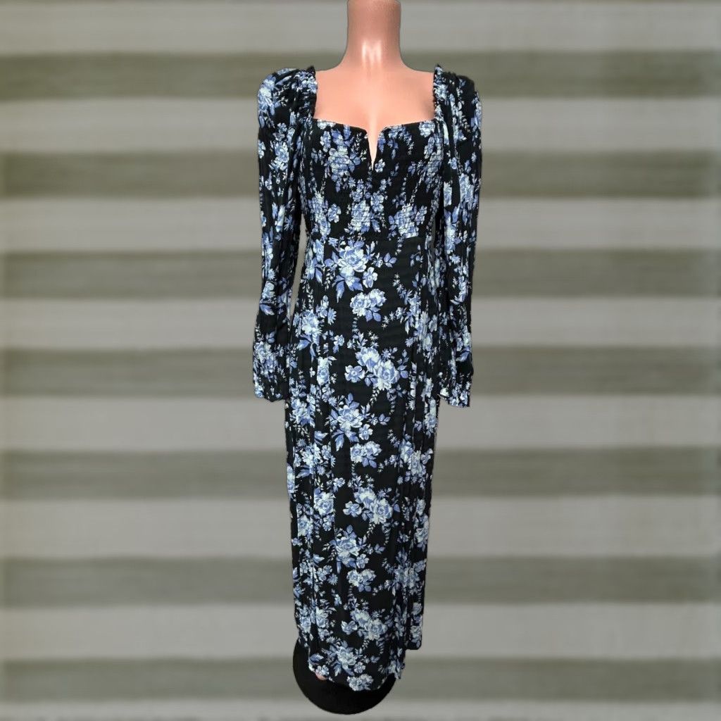 Free People Jaymes Smocked Bodice Midi Dress Women's Size Medium Black NWT Combo