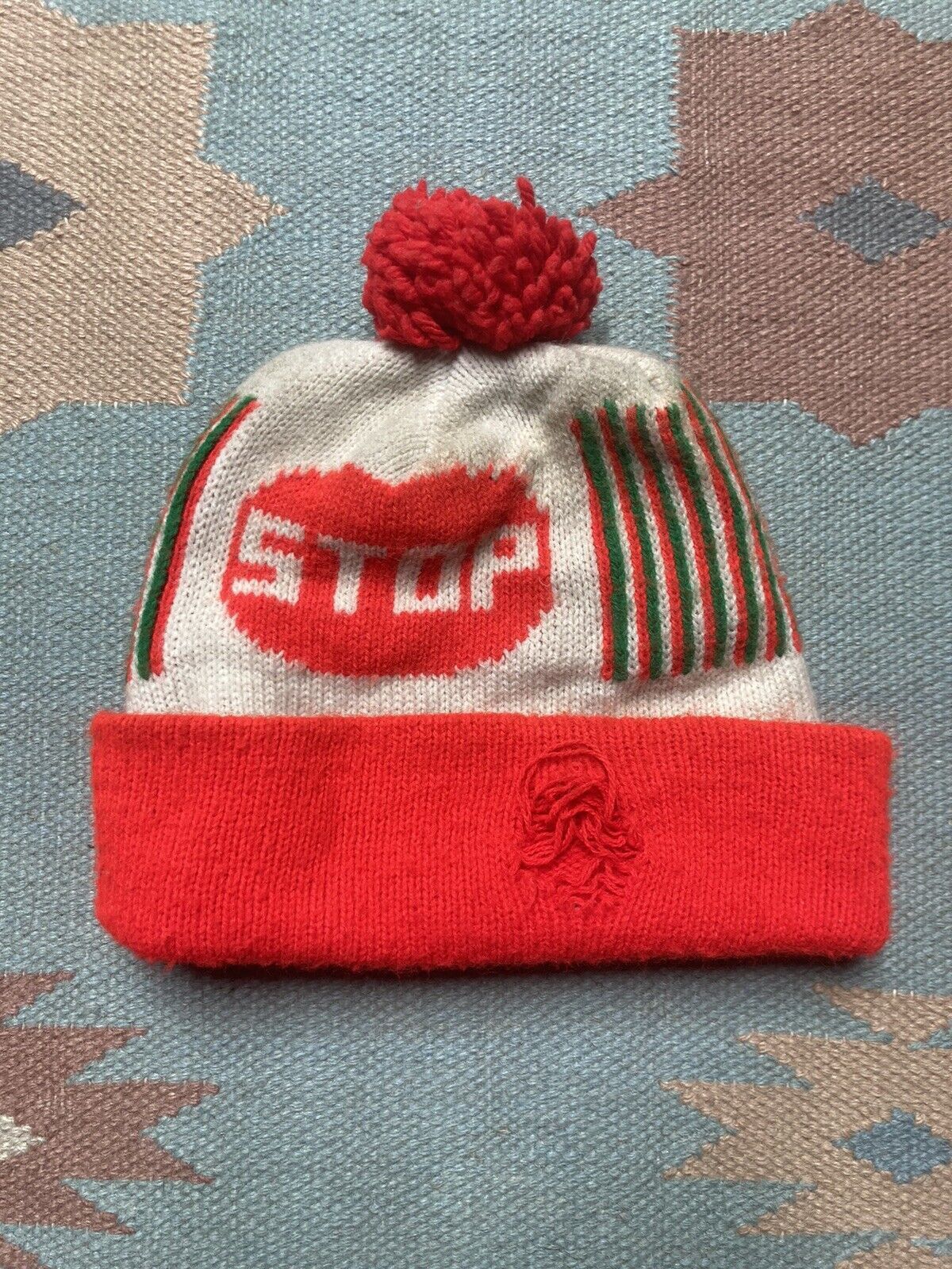 Vintage 70s beanie hat skull cap stop go novelty print winter ski Size ONE SIZE - 2 Thumbnail