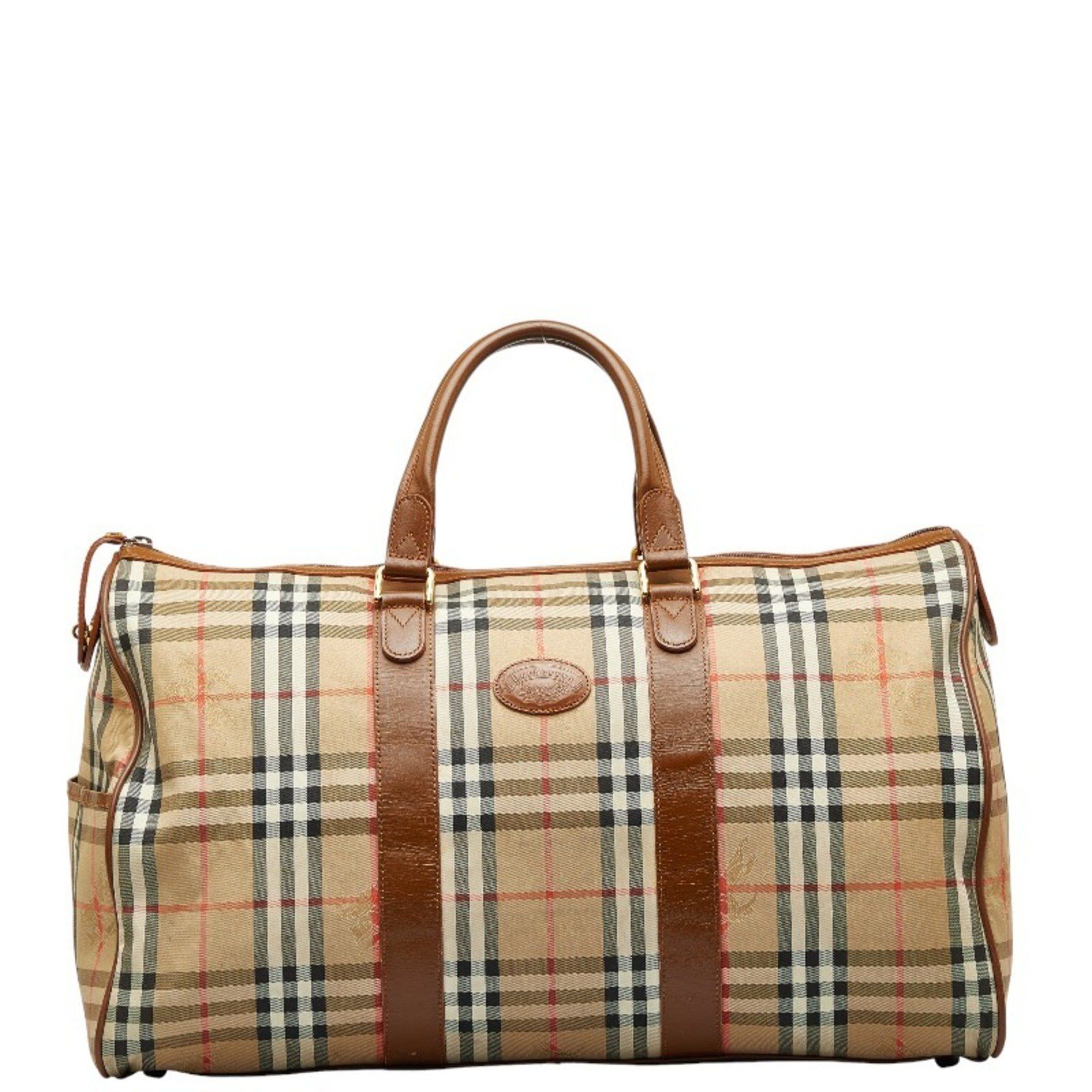 image of Burberry Nova Check Shadow Horse Boston Bag Beige Canvas Leather Women's Burberry