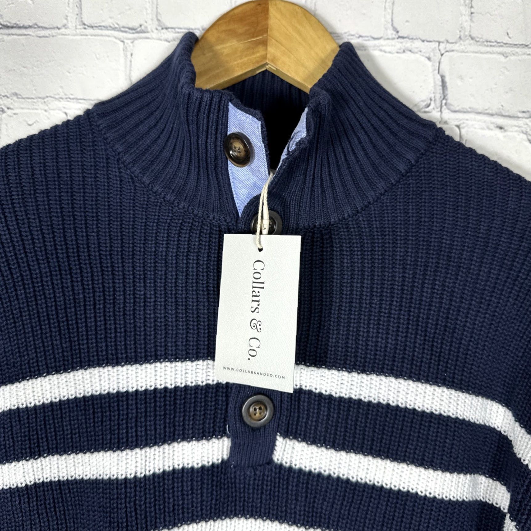 CO Collars & Co Sweater Mens XL Blue Striped Kennebunkport Pullover 1/4 Button Size US XL / EU 56 / 4 - 2 Thumbnail
