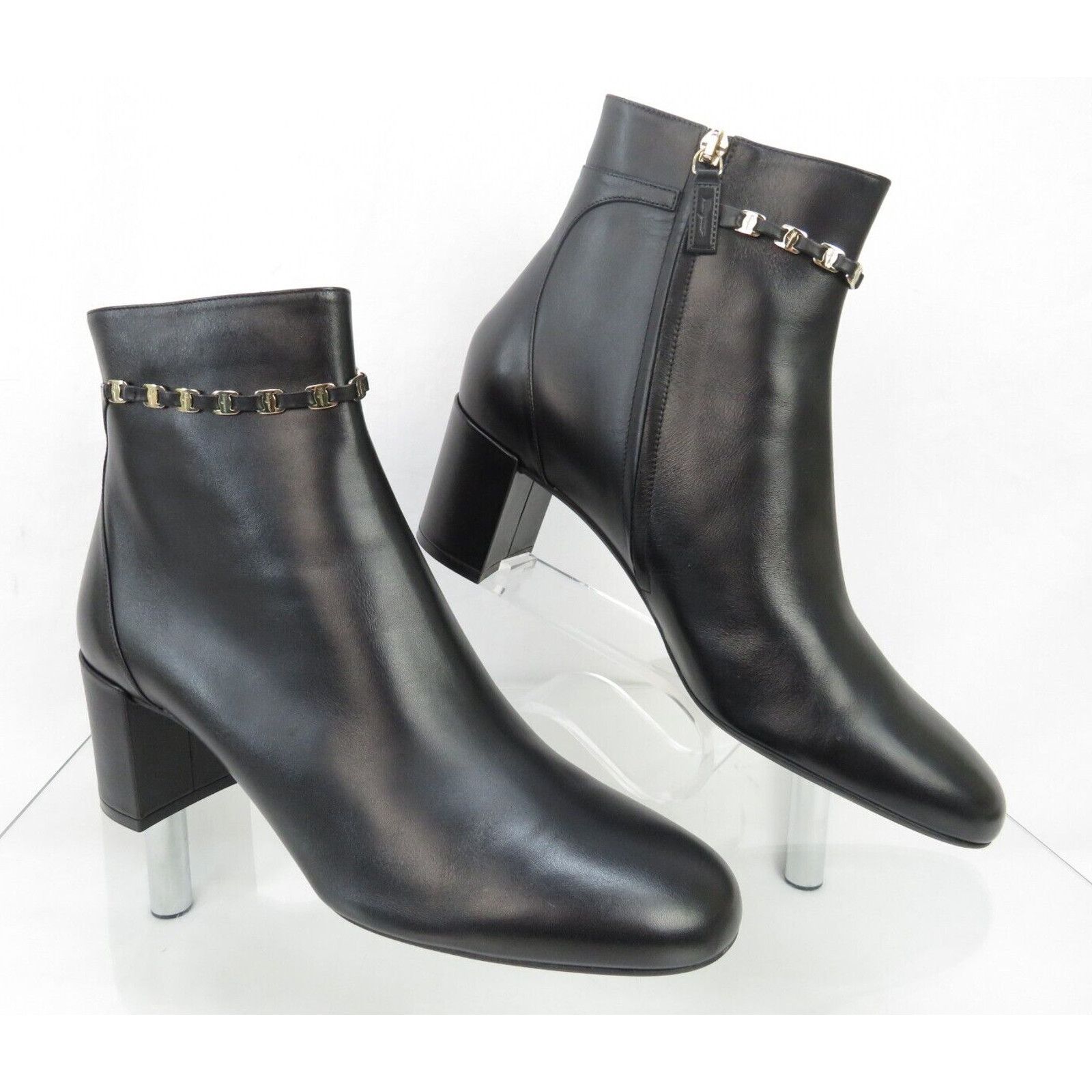 Salvatore Ferragamo GHILA BLACK LEATHER GANCINI CHAIN ZIP HEEL ANKLE BOOTS 11 C Size US 11 / IT 41 - 5 Thumbnail