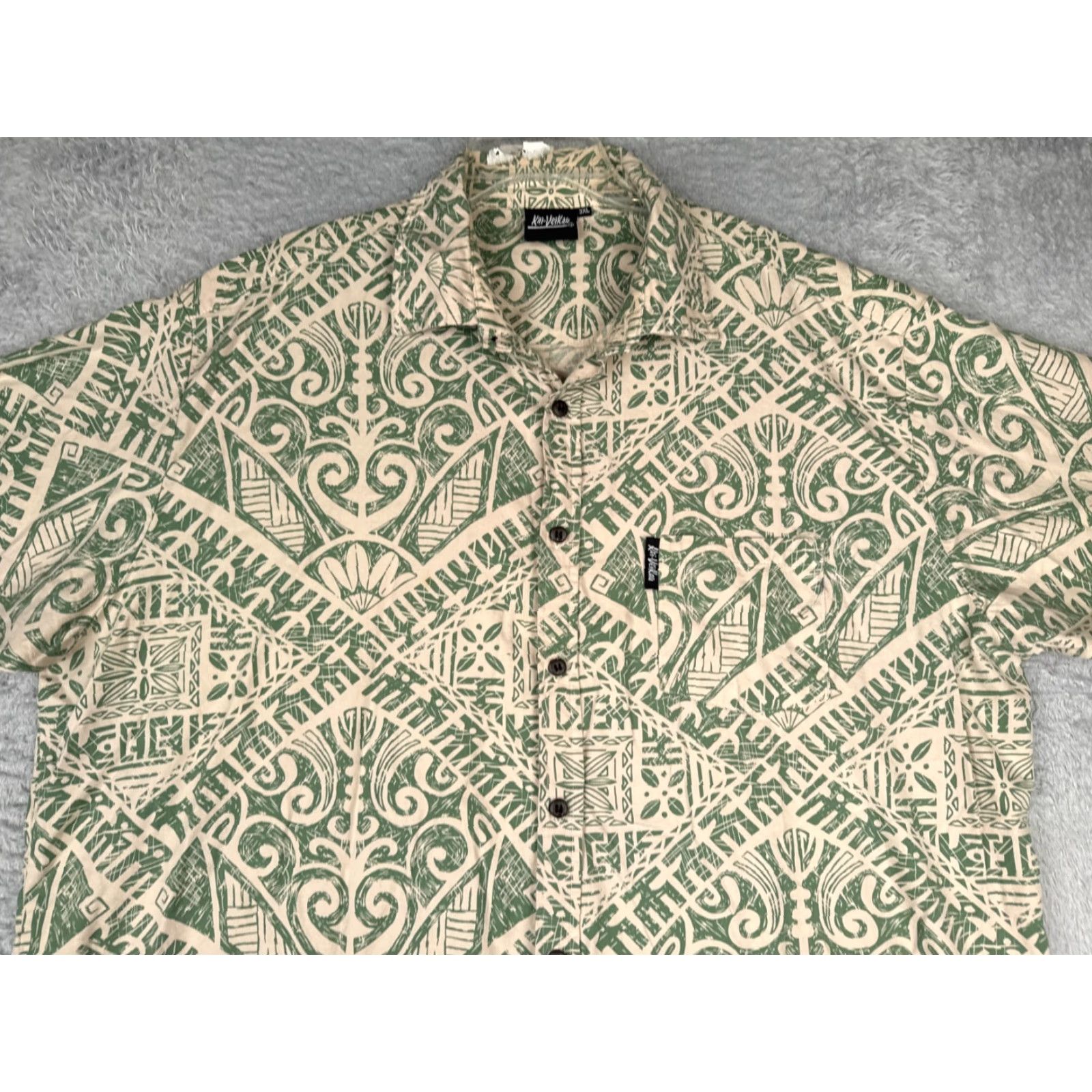 Vintage Kai Veikau Shirt Men 3XL Green Beige Floral Geometric 100% Cotton Hawaiian Size US XXL / EU 58 / 5 - 4 Thumbnail