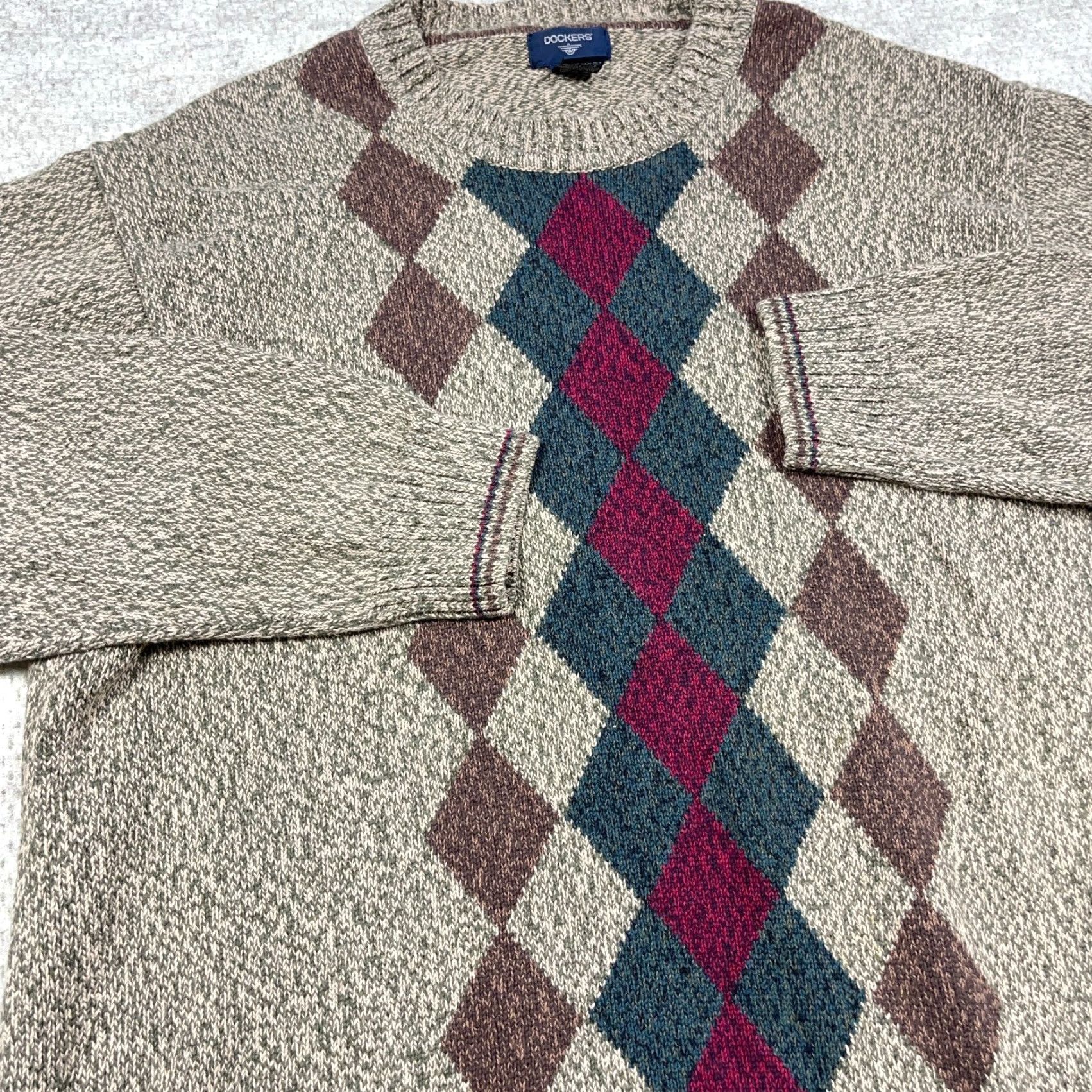 Dockers VINTAGE Dockers Sweater Shirt Men XLT Brown Geometric Diamond Crewneck Cotton Argyle 80s 90s Retro Grandpa Cosby Hip Hop Streetwear USA Mens Size US XL / EU 56 / 4 - 3 Thumbnail