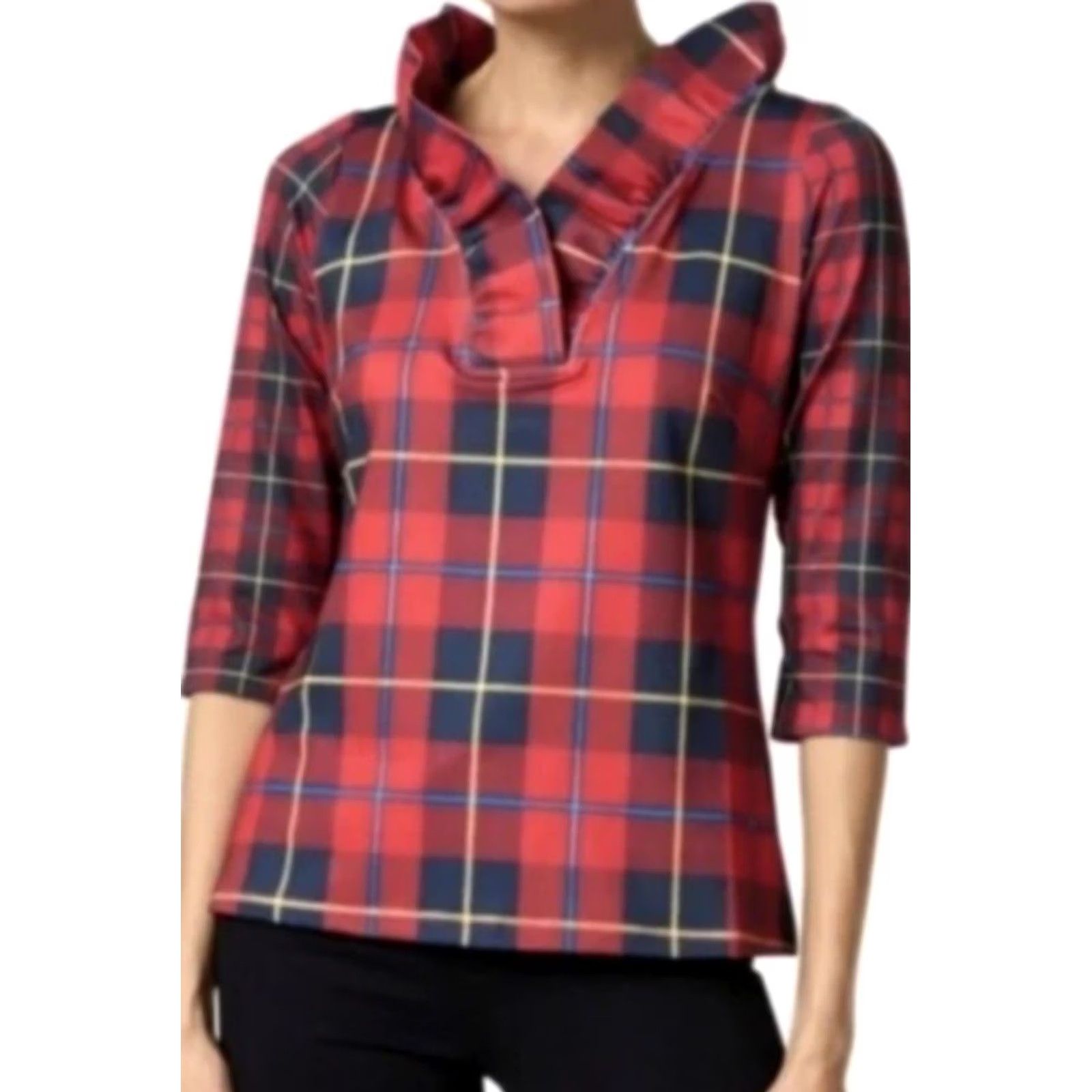 Vintage Gretchen Scott Blouse Middleton Red Plaid 3/4 Sleeve Ruffle Neck Top M Women Size M / US 6-8 / IT 42-44 - 2 Thumbnail