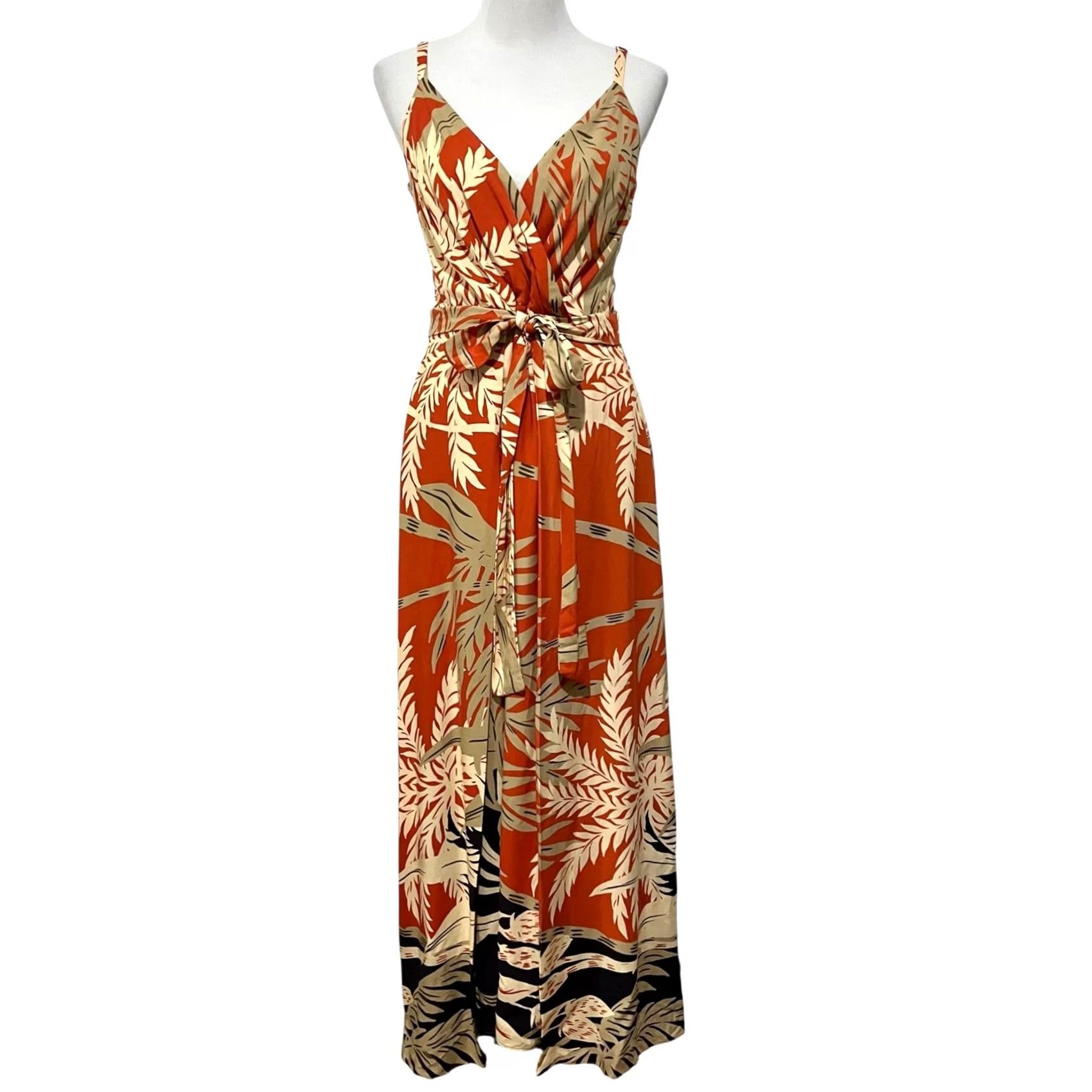 Vintage Halogen Palm Print Maxi Dress Belted Orange Tan V-Neck Adjustable Straps Size L Size L / US 10 / IT 46 - 2 Thumbnail