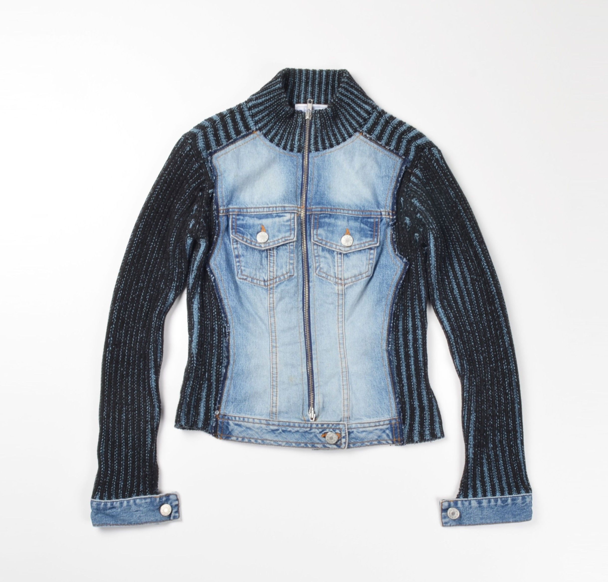 Vintage Y2K Helline Denim Knit Fitted Moto Zip Up Hybrid Jacket Size XS / US 0-2 / IT 36-38 - 4 Thumbnail