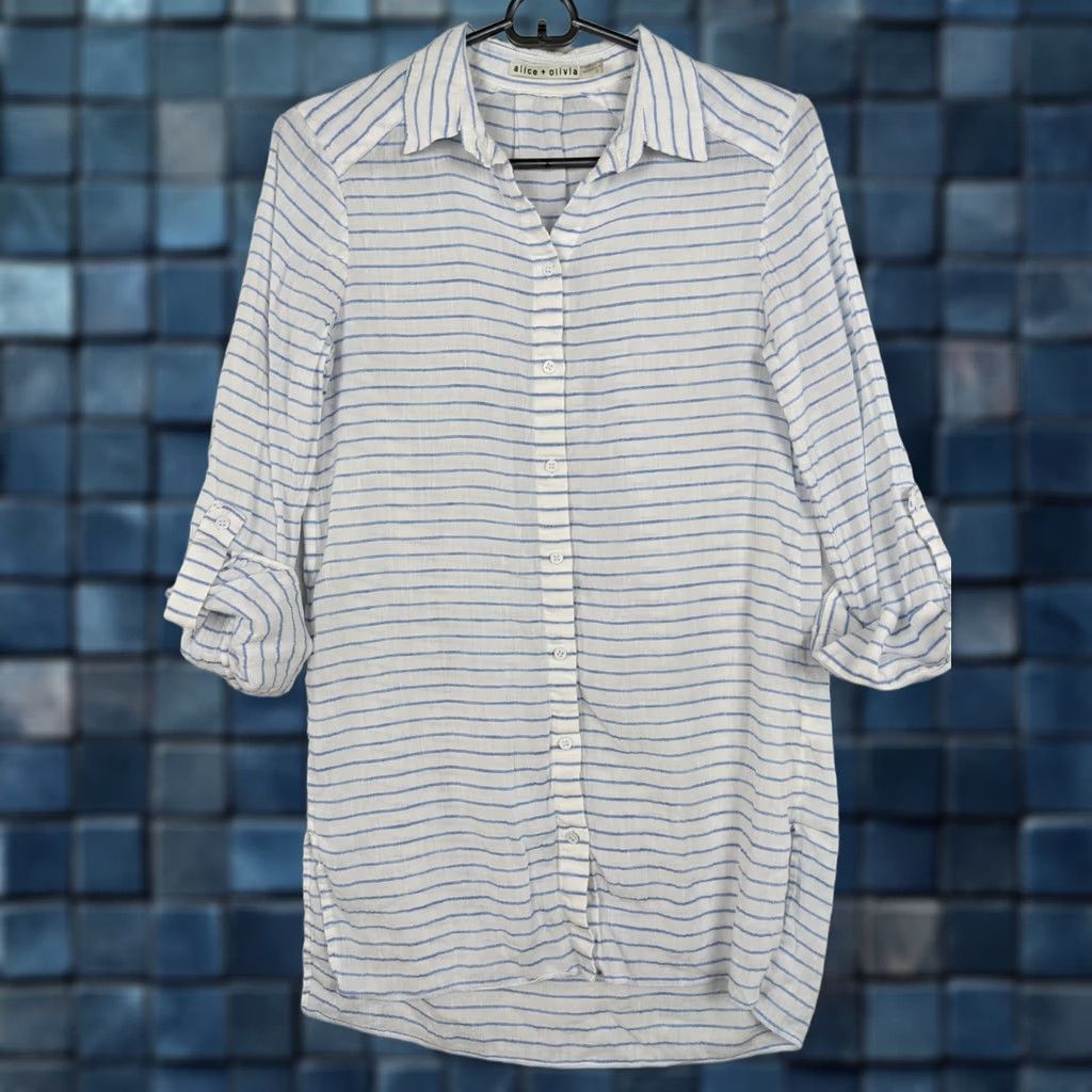 Alice + Olivia ALICE & OLIVIA Button-Up Shirt Women S Striped Long Sleeve Tunic Blue/White Linen/Cotton V-Neck Tie Cuffs Casual Modern 90s? Size S / US 4 / IT 40 - 1 Thumbnail