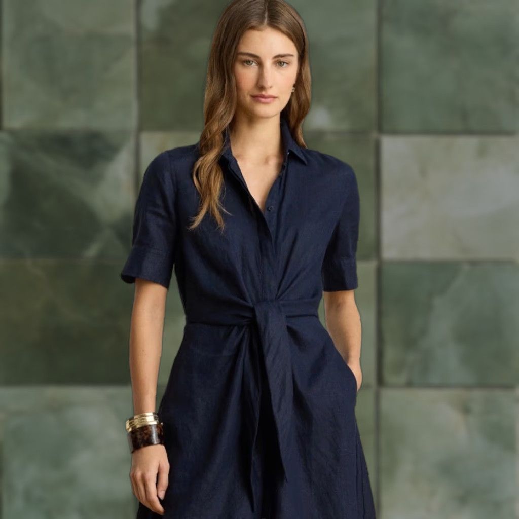 Lauren Ralph Lauren Dress Wakana Tie-Front Linen Sz 00 Navy Blue Preppy