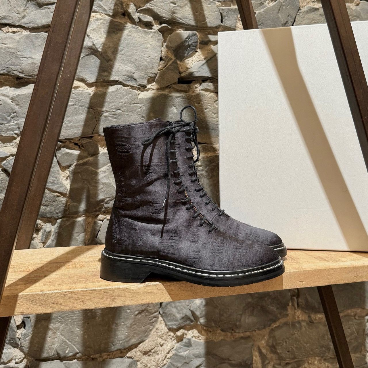 The Row The Row Charcoal Silk Wool Fara Distressed Combat Boots Size US 5.5 / IT 35.5 - 1 Thumbnail