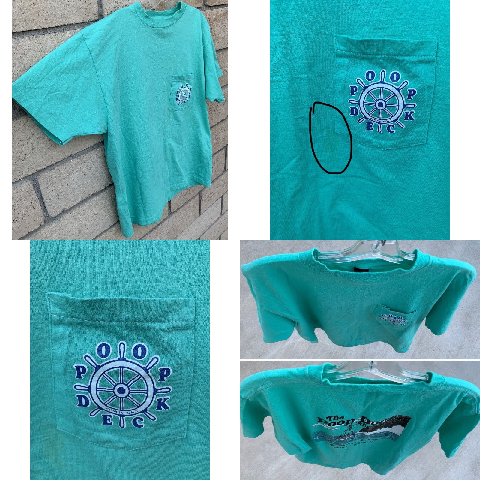 Anvil VINTAGE Anvil T-Shirt Pocket Tee Shirt 80s 1980s Hermosa Beach POOP DECK The ‘88 XL Green Cotton Mens Size US XL / EU 56 / 4 - 8 Thumbnail