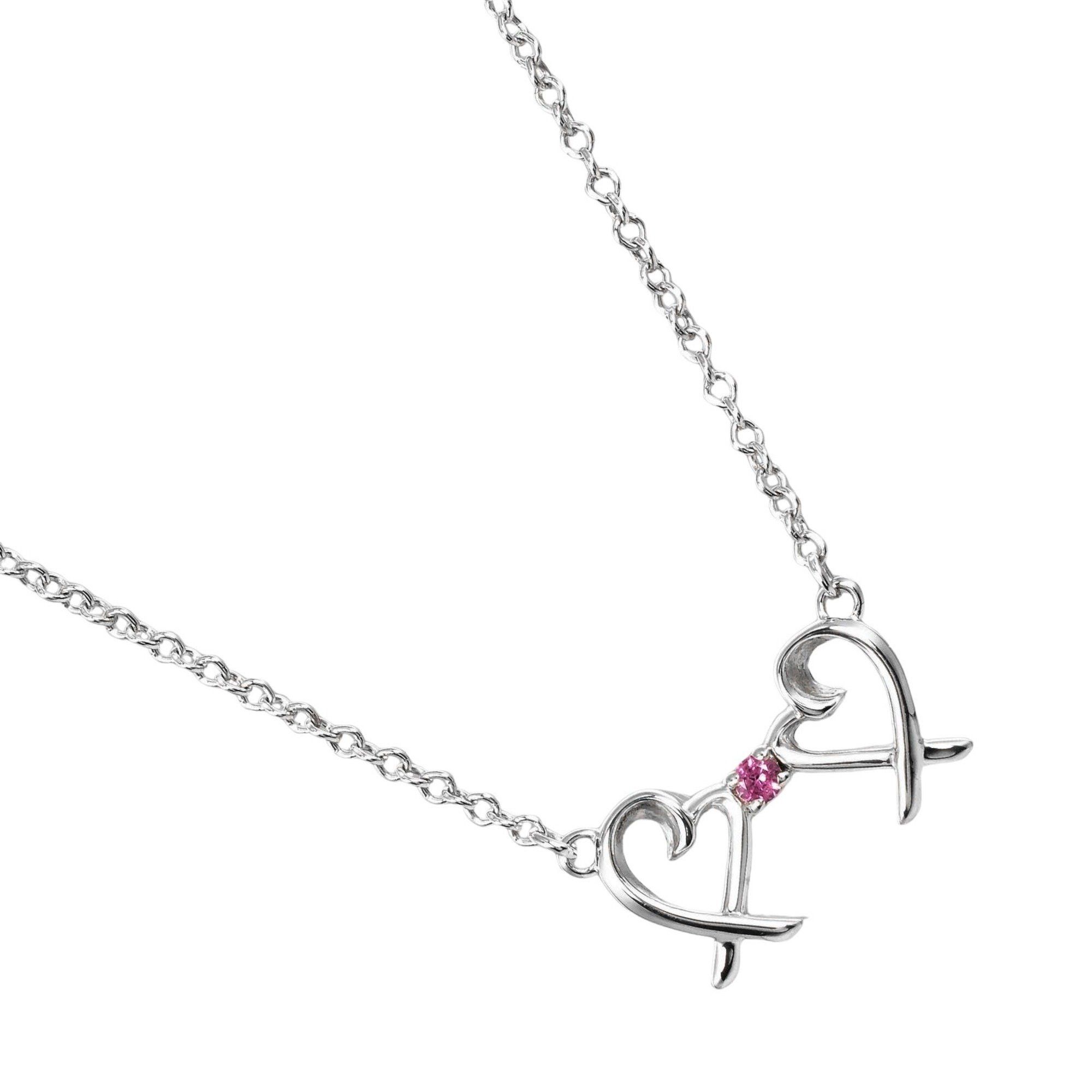 Tiffany & Co. Double Loving Heart Necklace in 925 Sterling Silver with Pink Sapphire Approx. 1.38g