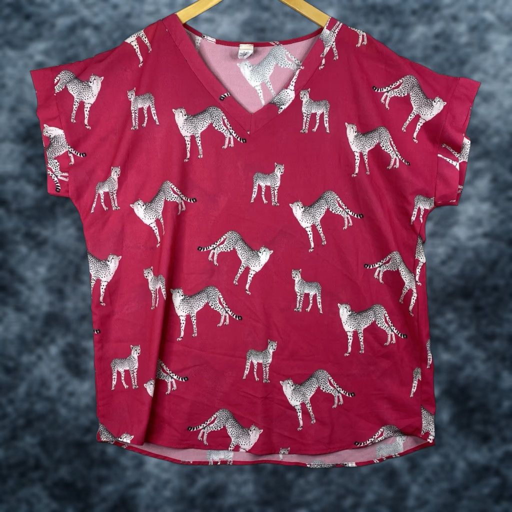 Pinko 7th Ray Womens Shirt 1XL Pink Leopard Print V-Neck Lightweight Flowy Short Sleeve USA Shirt Size XL / US 12-14 / IT 48-50 - 1 Thumbnail