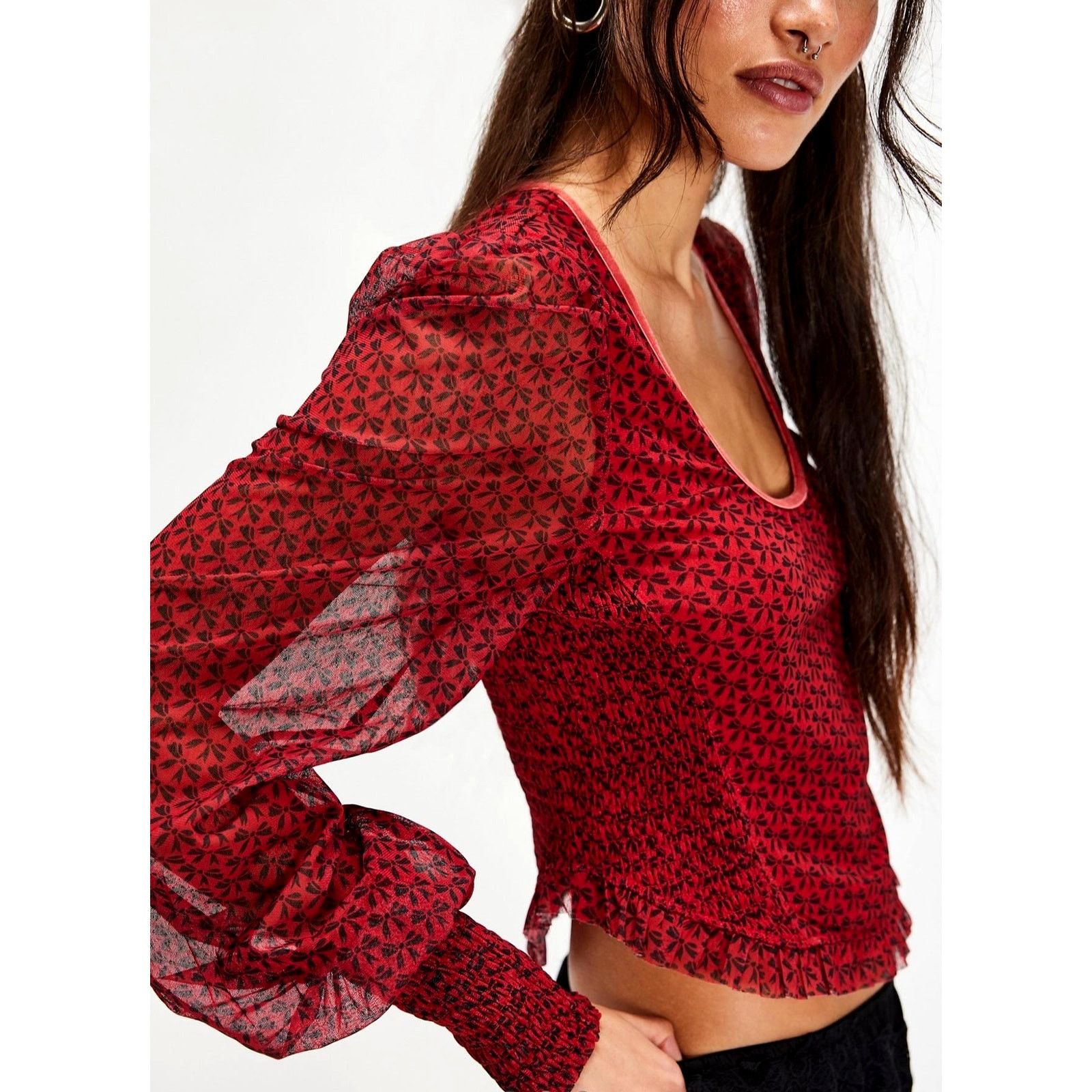 Free People Free People Dottie Printed Long Sleeve Knit Top Salsa XL Size XL / US 12-14 / IT 48-50 - 2 Thumbnail