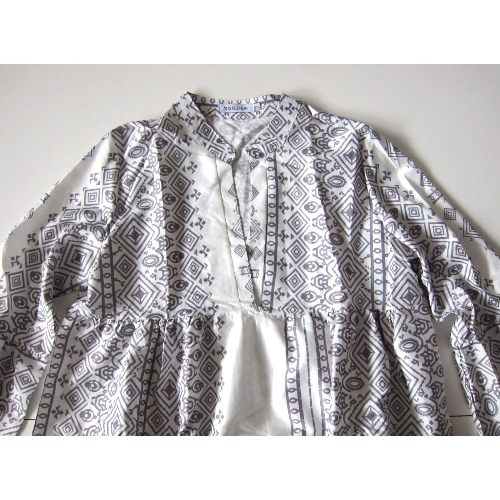 Vintage Misslook Grey White Abstract Geometric Empire Tunic Peasant Dress Women 2XL Size XXL / US 16-18 / IT 52-54 - 3 Thumbnail