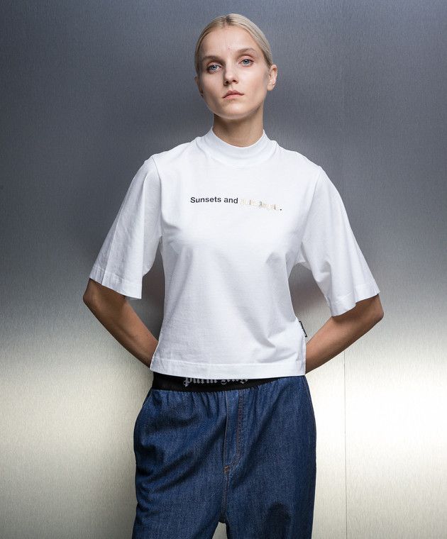 Palm Angels White Sunsets Logo Cropped T-Shirt Size S / US 4 / IT 40 - 1 Thumbnail