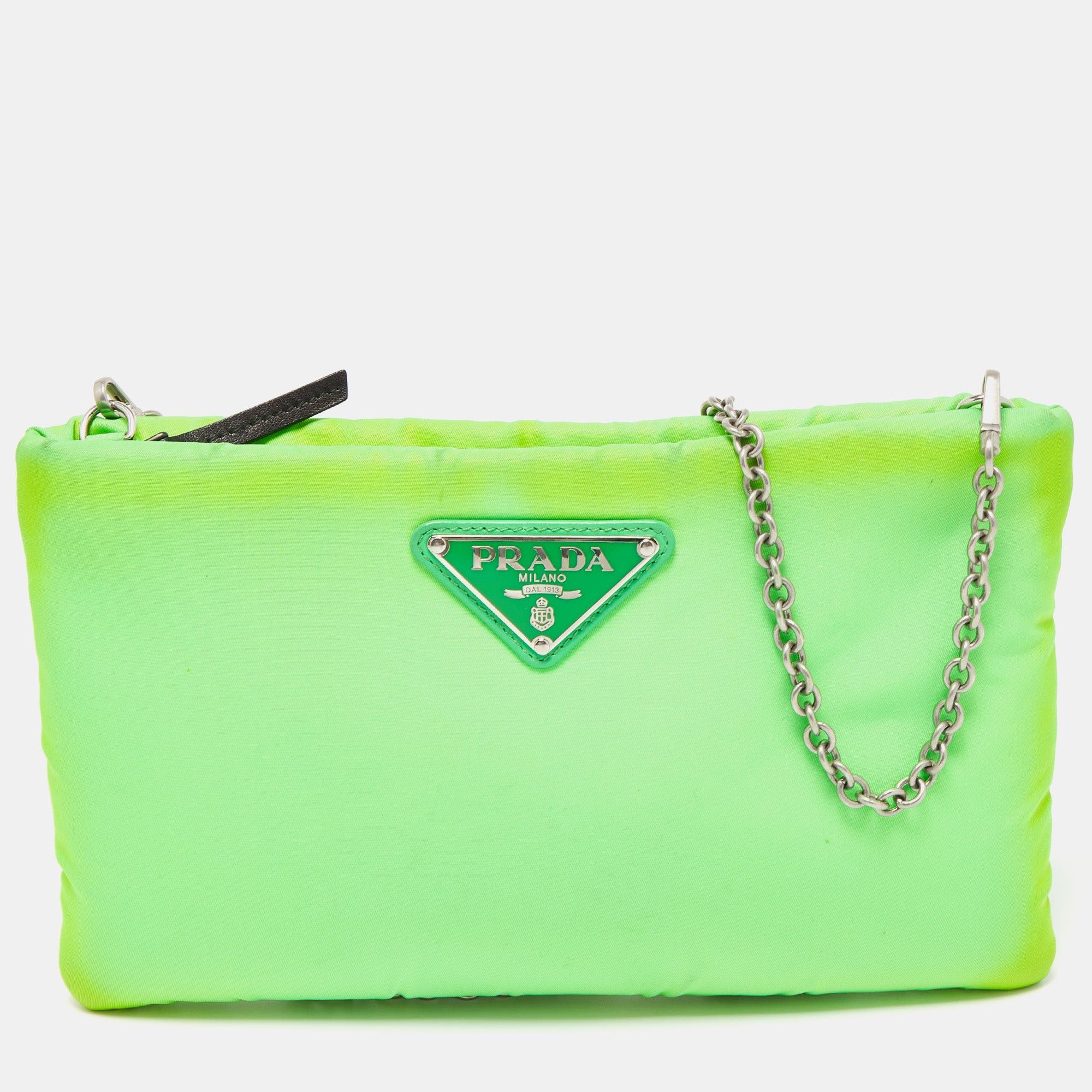 image of Prada Neon Green Nylon Zip Chain Clutch, Women's