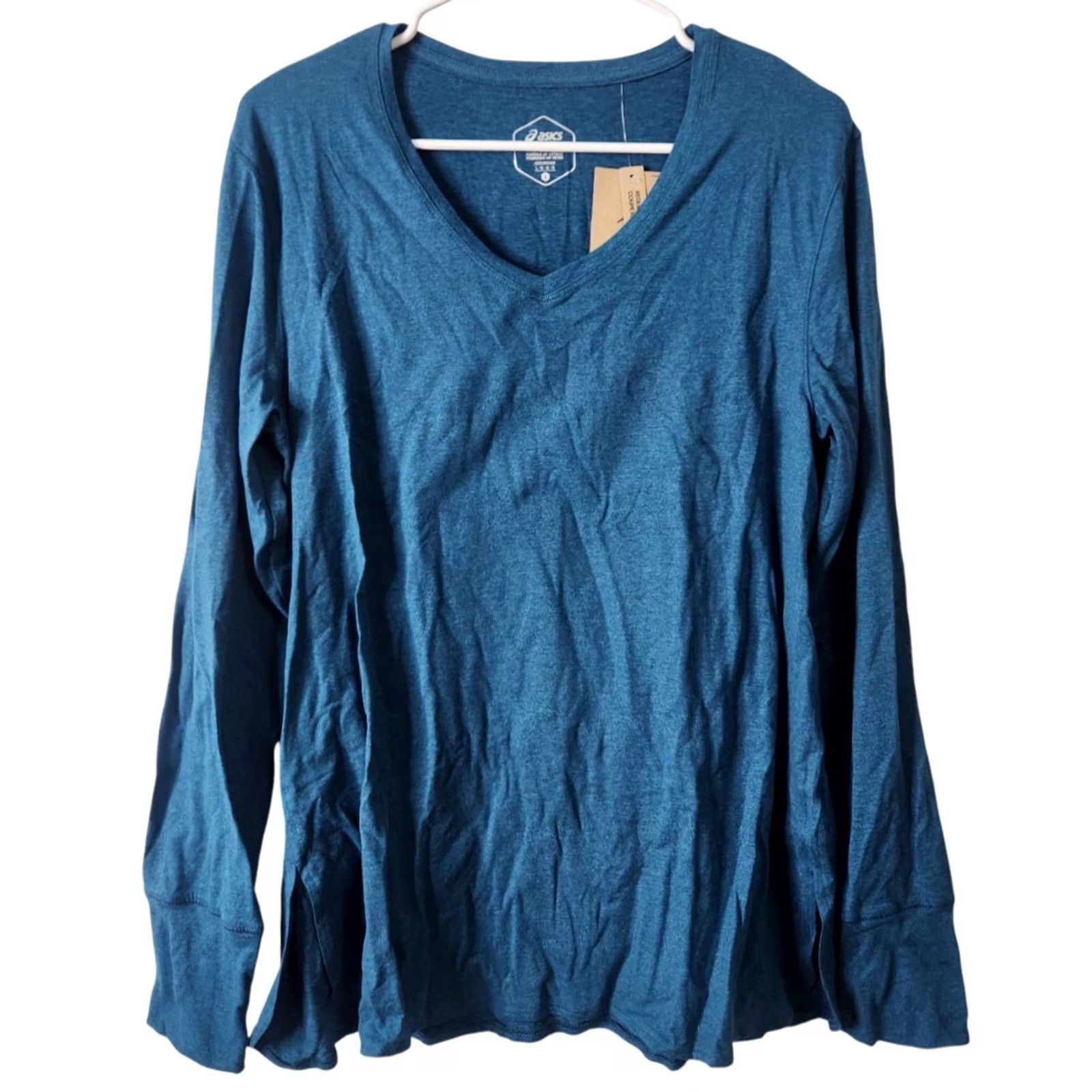 Asics ASICS Womens L Shirt Long Sleeve Pullover V-Neck Thumbholes Blue Tee Size L / US 10 / IT 46 - 2 Thumbnail