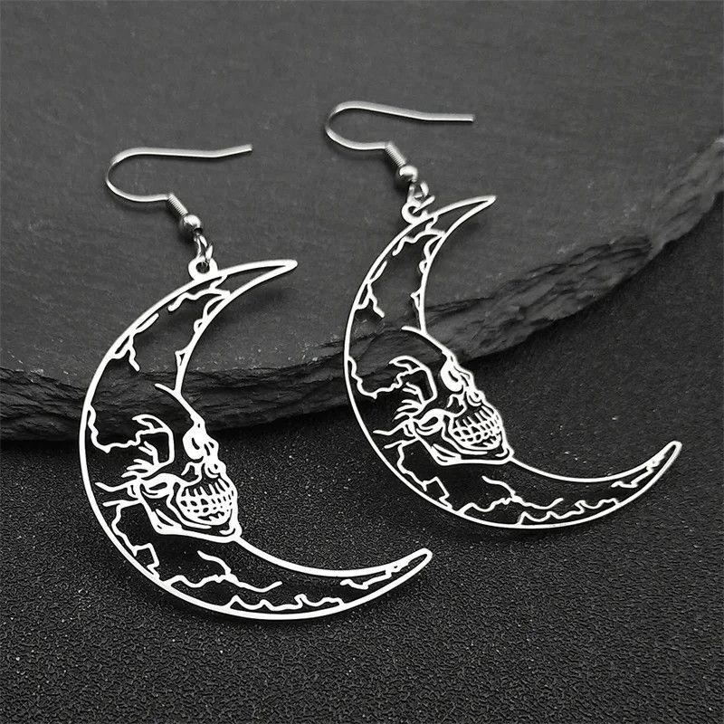 Jewelry Gothic Skull Crescent Moon Drop Earrings Jewelry Gift Size ONE SIZE - 2 Thumbnail