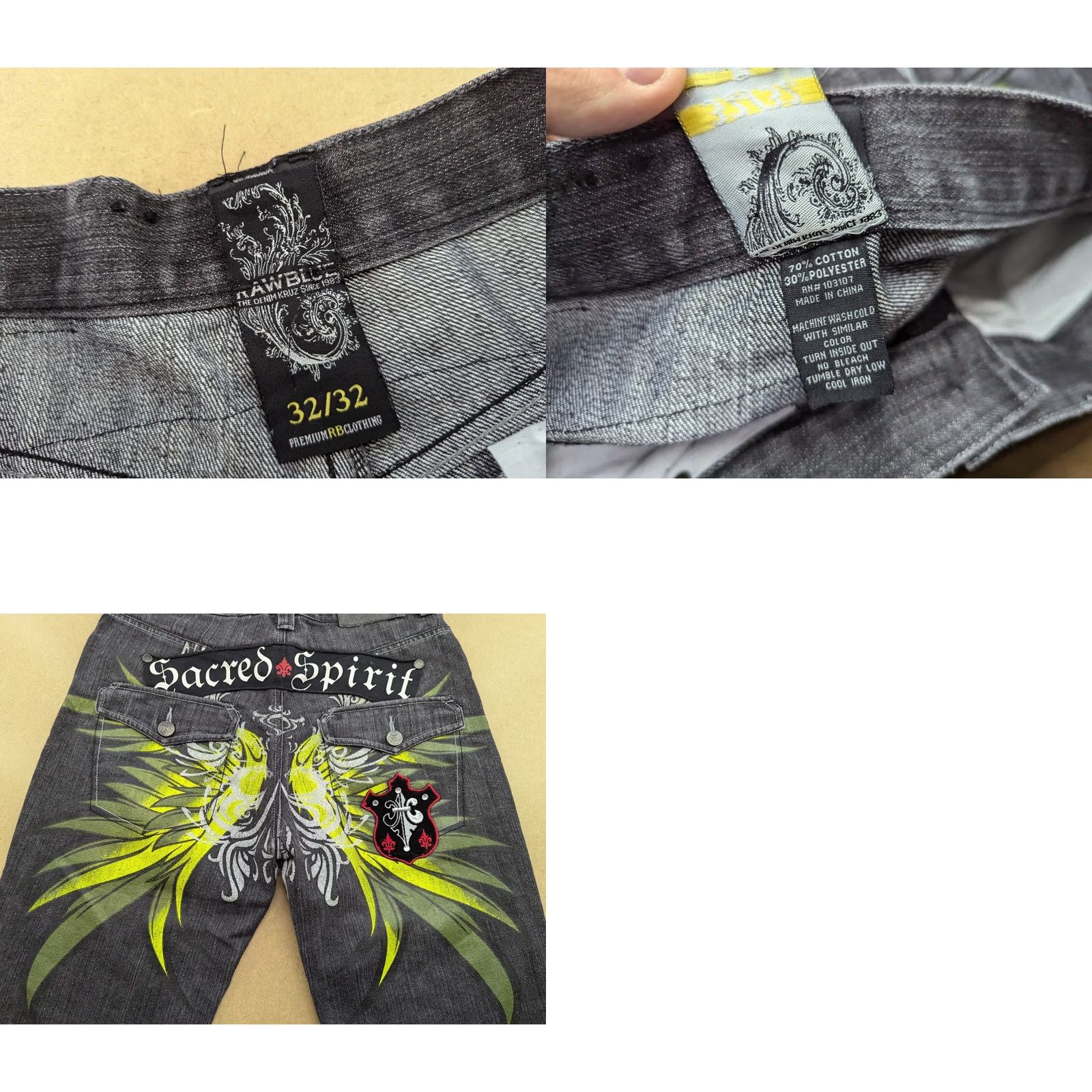 ESPIRIT VINTAGE Raw Blue Sacred Spirit Jeans W33 L29.5 Black Green Wings Straight Womens Size US 33 - 9 Thumbnail