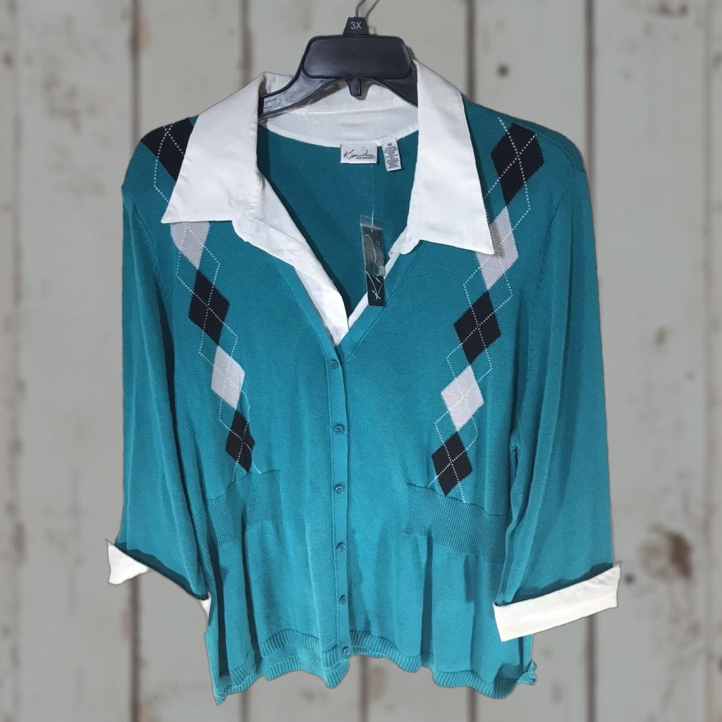 Vintage VINTAGE Kim Rogers Womens Sweater Cardigan Long Sleeve Plus 3X Turquoise Faux Collar Buttons Size XXL / US 16-18 / IT 52-54 - 1 Thumbnail