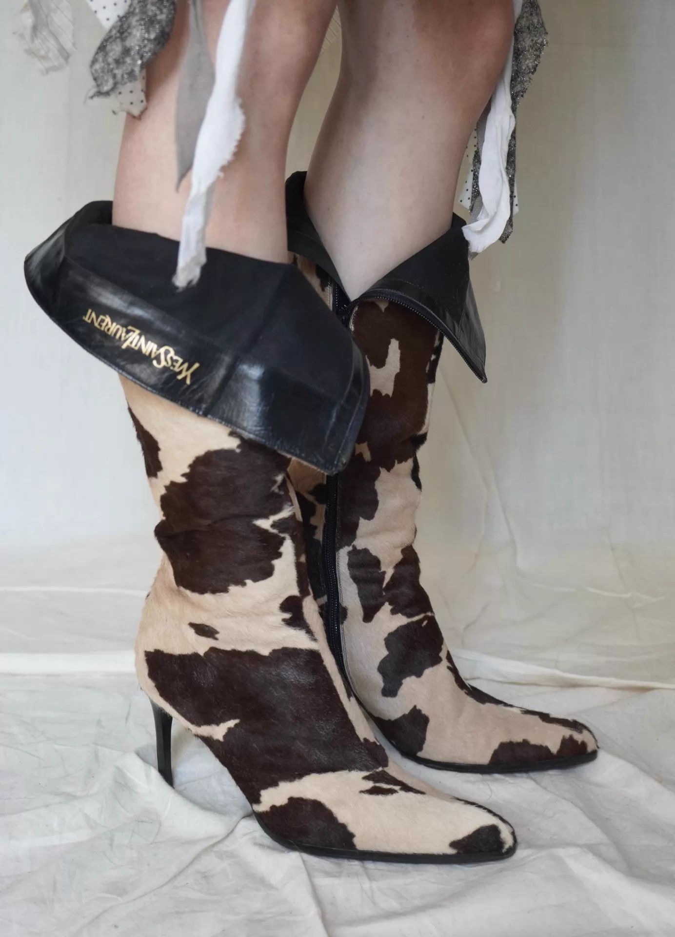 Yves Saint Laurent YSL 1990s Cow Print Fur High Heel Boots Size US 6.5 / IT 36.5 - 8 Thumbnail