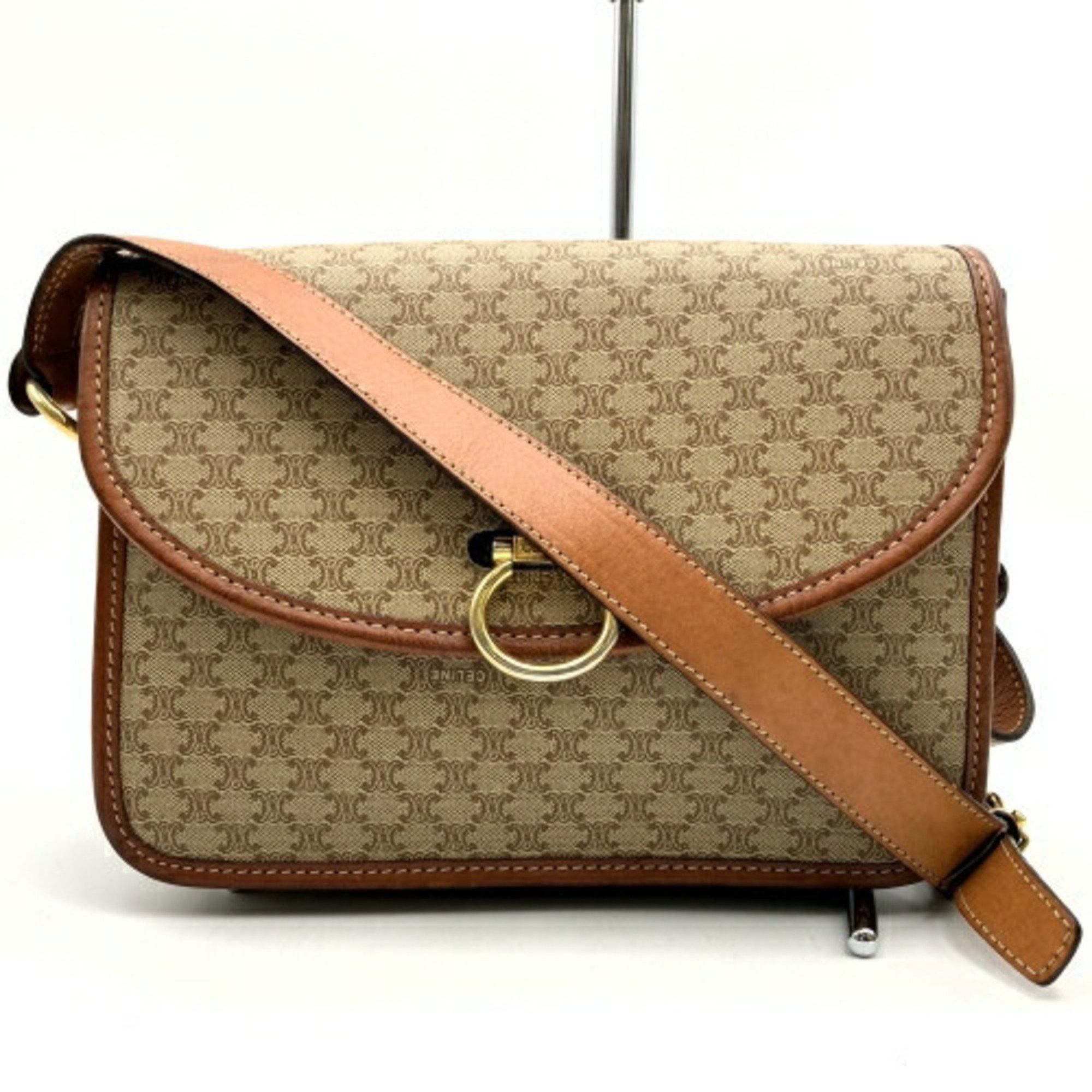 image of Celine Shoulder Bag Macadam Pattern Round Hardware Beige Leather Women's Celine Itg5Dtqm3Qbc