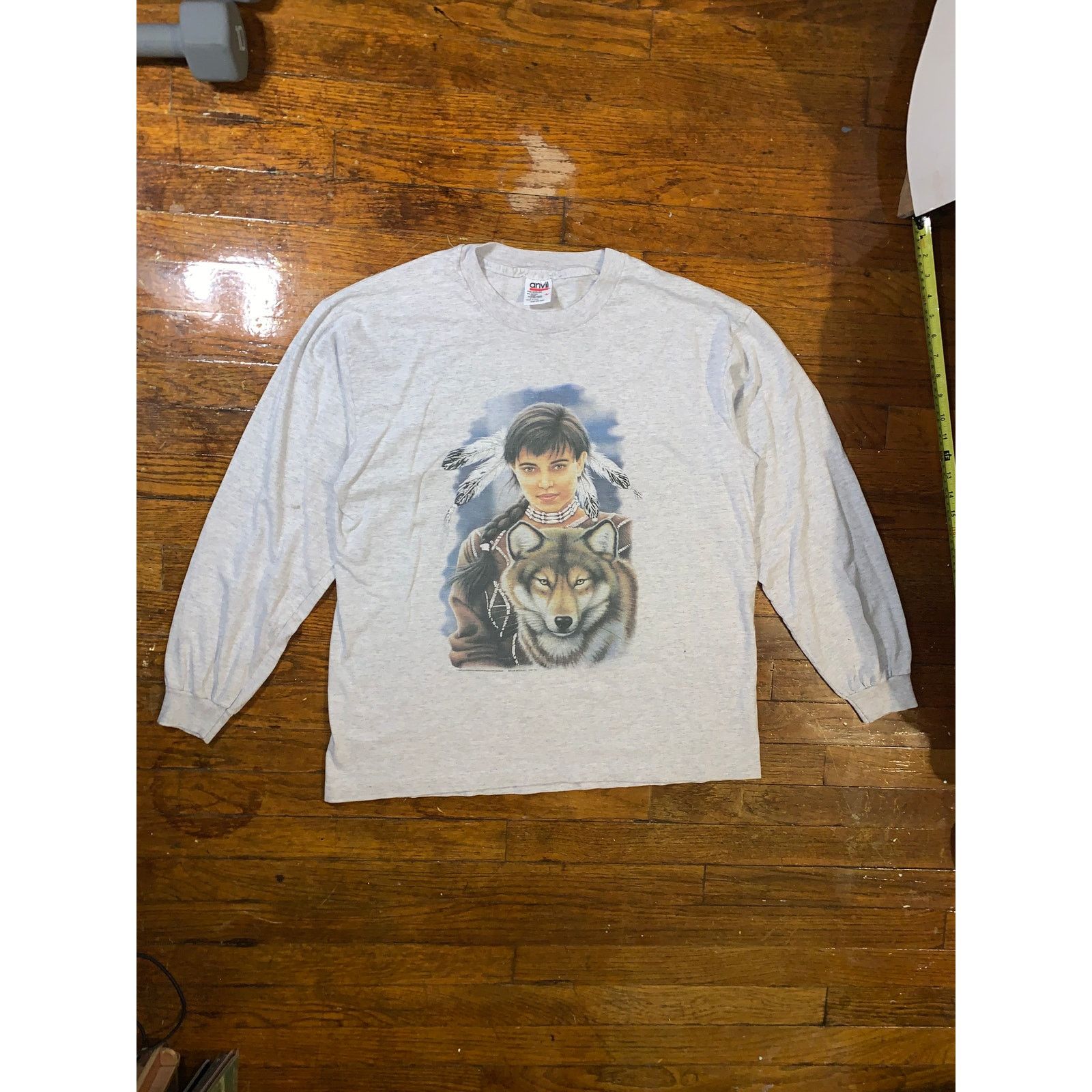 Anvil × Other × Vintage Vintage 90s Native American Wolf T Shirt USA L Single Stitch Size US L / EU 52-54 / 3 - 4 Thumbnail