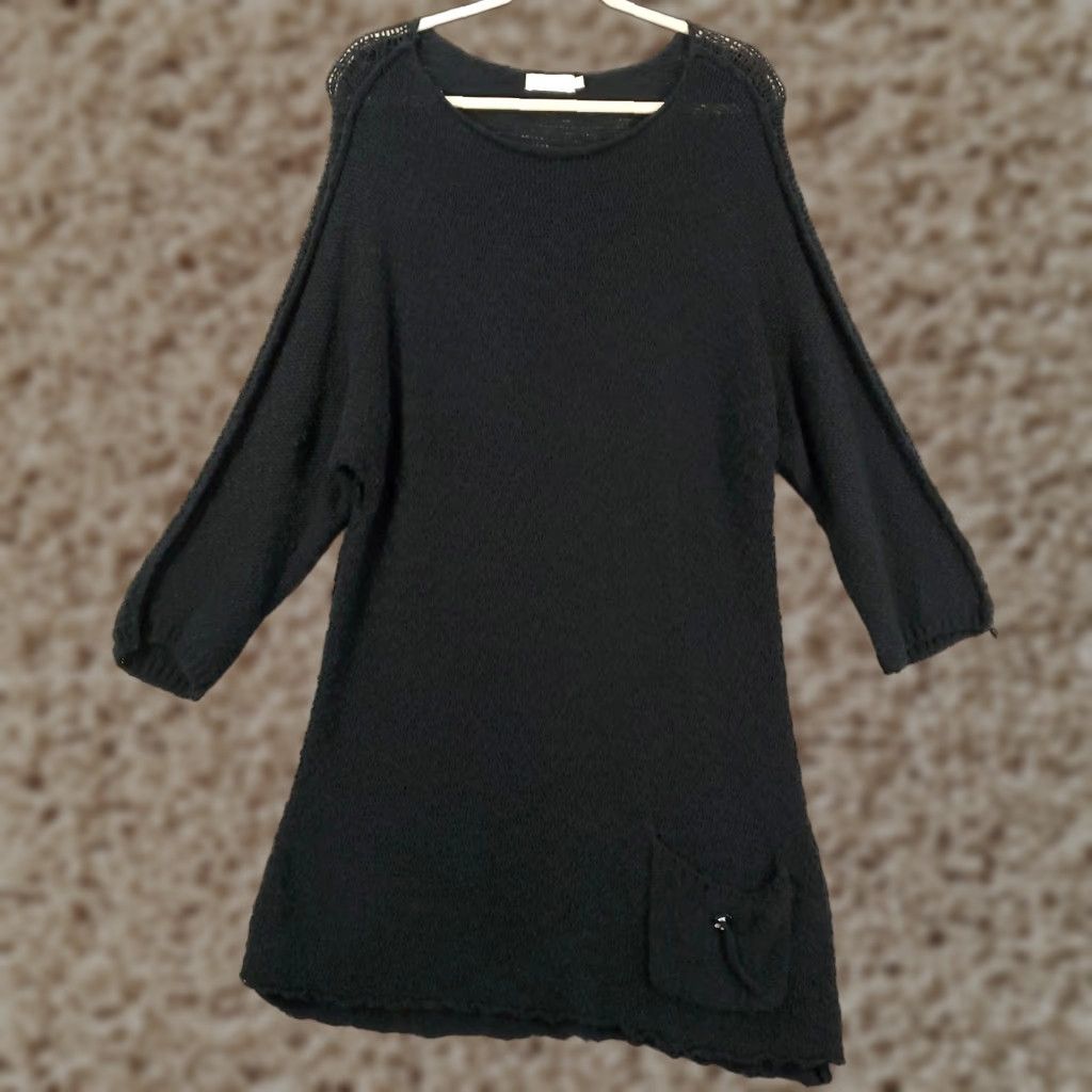 Vintage Womens Black Dress XL Beach Cover Up Lulu B Open Knit Shift Pullover Pocket Dress Shift Beach Bohemian Classic Knee Length 100% Cotton Knit Size XL / US 12-14 / IT 48-50 - 1 Thumbnail