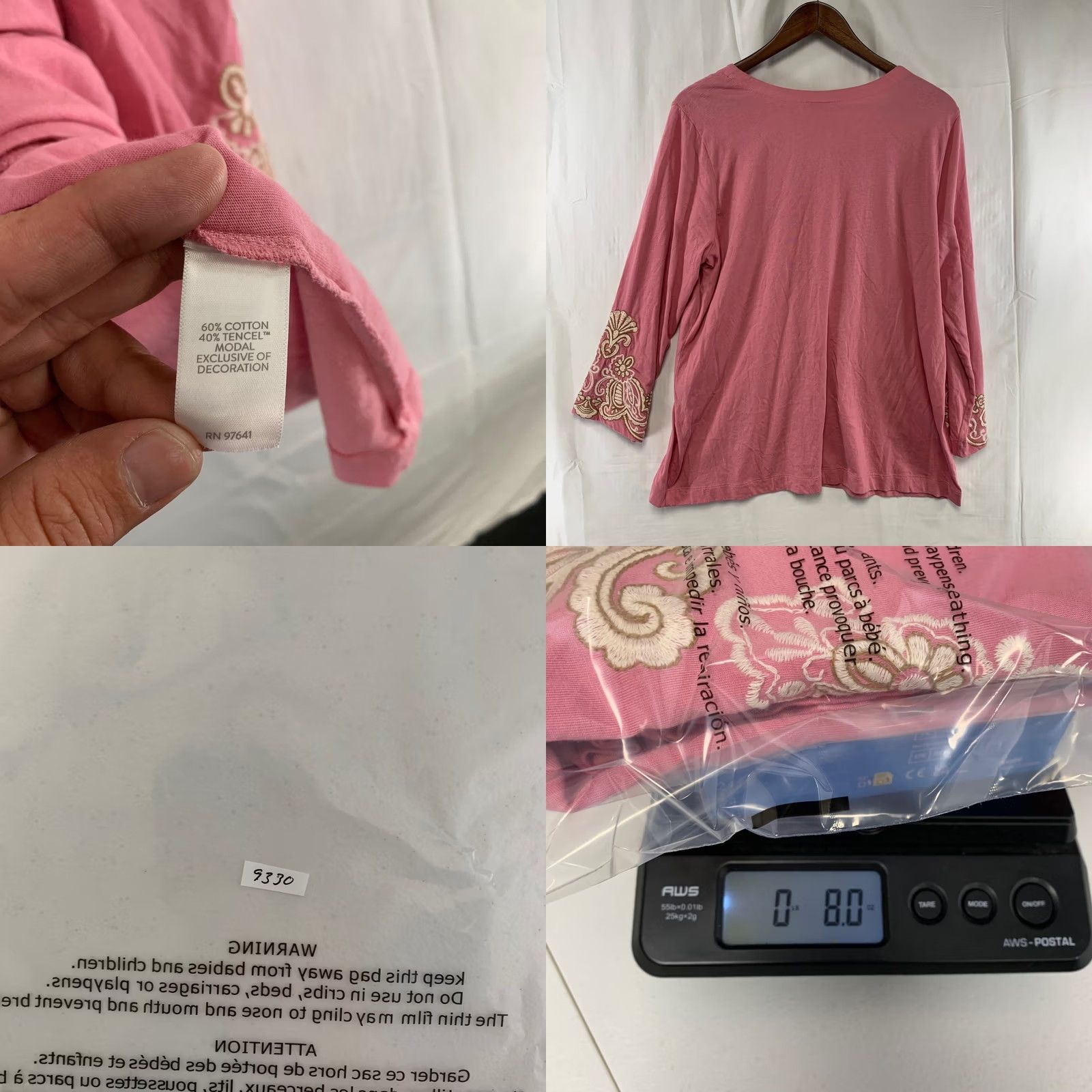 J. Jill J. Jill Womens Large Pink V-Neck T-Shirt Embroidered 3/4 Sleeve Cotton Modal Casual Size L / US 10 / IT 46 - 8 Thumbnail