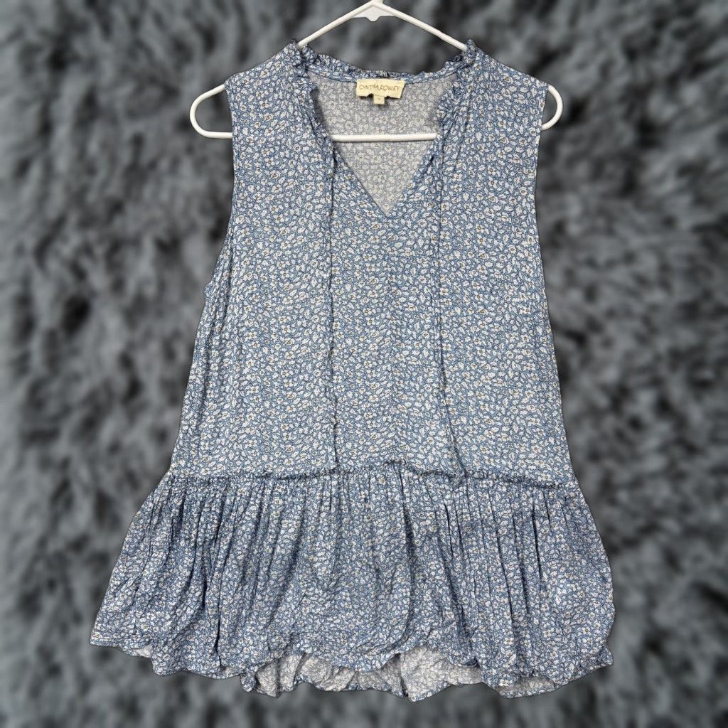 Cynthia Rowley Cynthia Rowley Tunic Top Womens S Blue Floral Ruffle Hem Boho Cottagecore Sleeveless V-Neck Lightweight Swingy Casual Holiday? Size S / US 4 / IT 40 - 1 Thumbnail