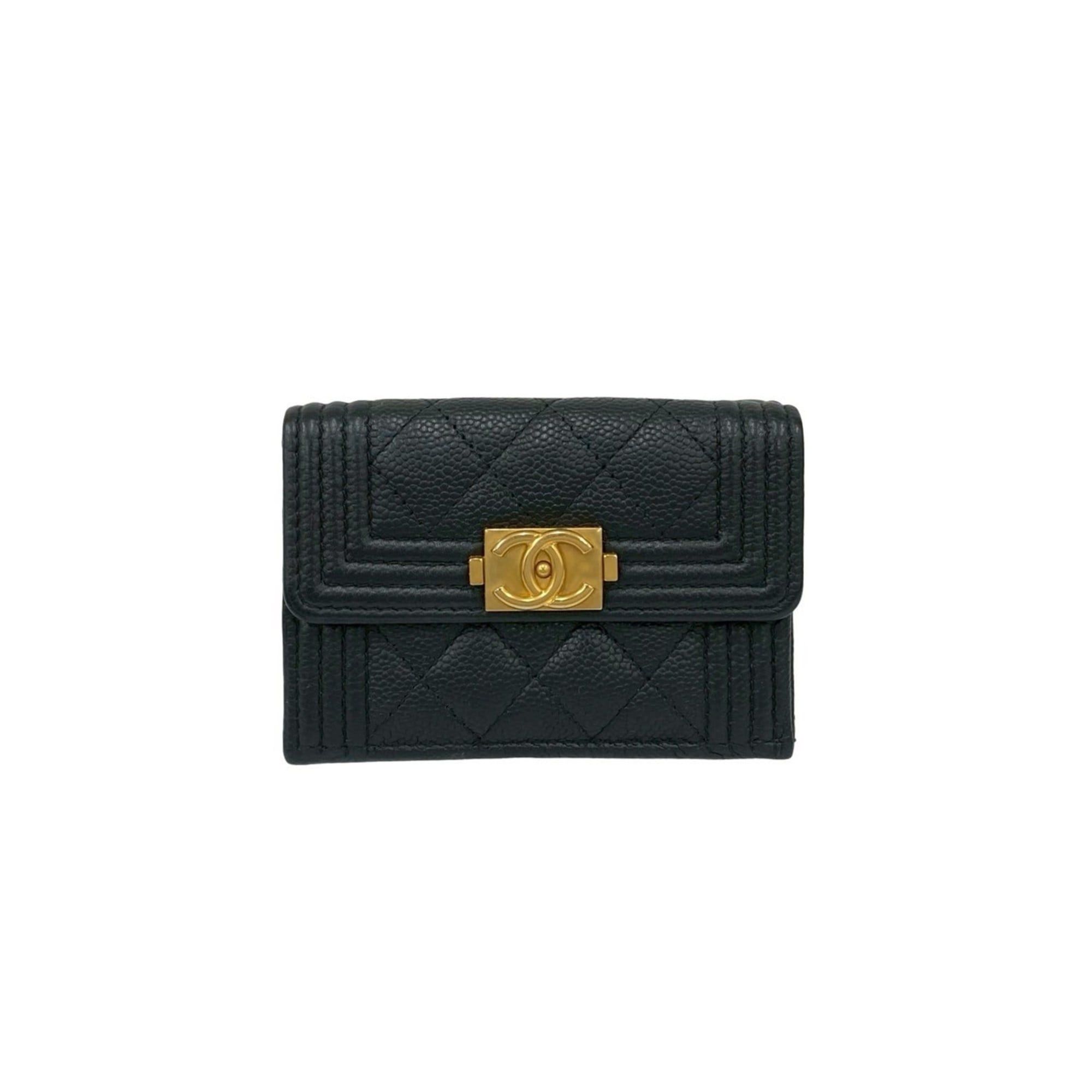 CHANEL Boy Chanel Coco Mark Caviar Leather Tri-fold Wallet Black 41940