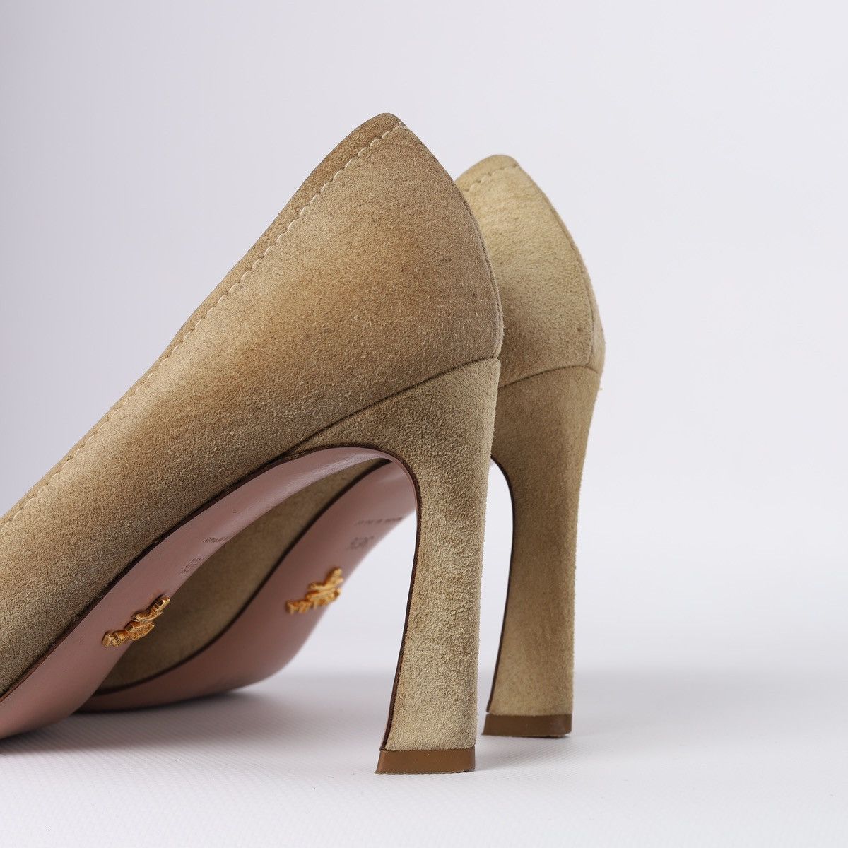 Prada Prada Beige Suede Peep-toe Pumps gold-tone Buckle Block Heel Size US 6.5 / IT 36.5 - 3 Thumbnail