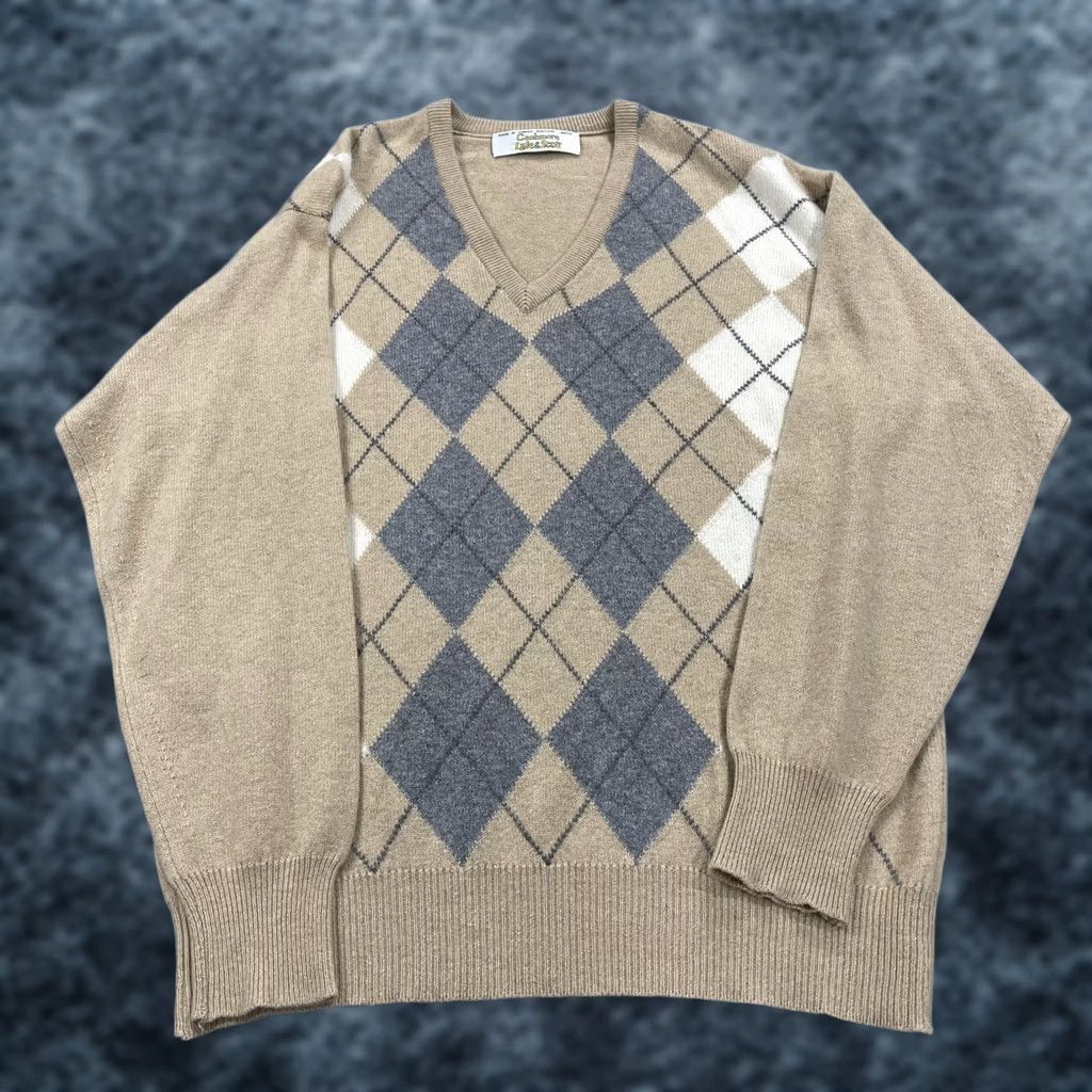 Lyle & Scott VINTAGE Lyle & Scott Sweater Mens 44 Large Brown 100% Cashmere Argyle V Neck Pullover Knit Shirt Size US L / EU 52-54 / 3 - 1 Thumbnail