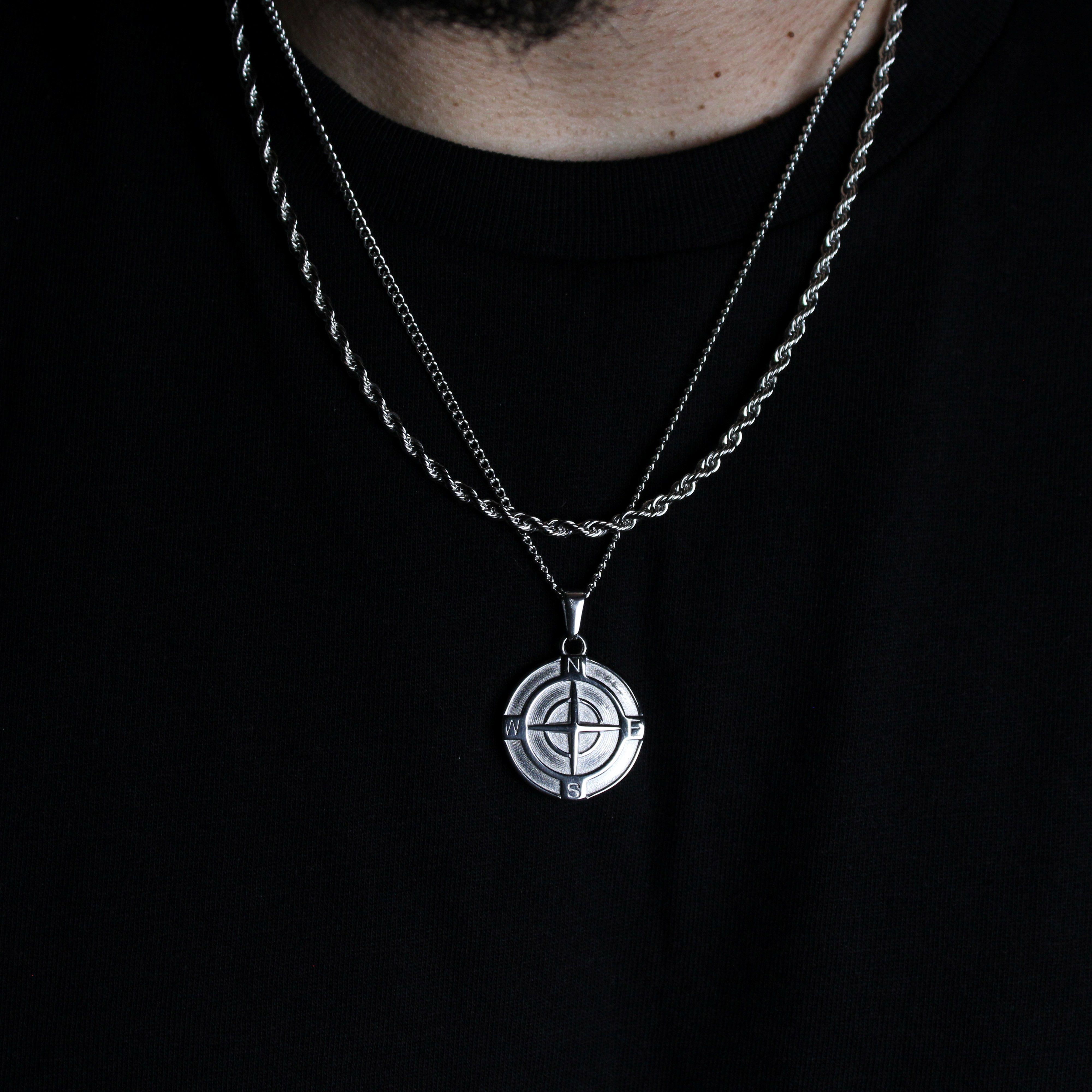 Jewelry Silver Compass Pendant Necklace & 3mm Rope Chain Set Size ONE SIZE - 1 Thumbnail