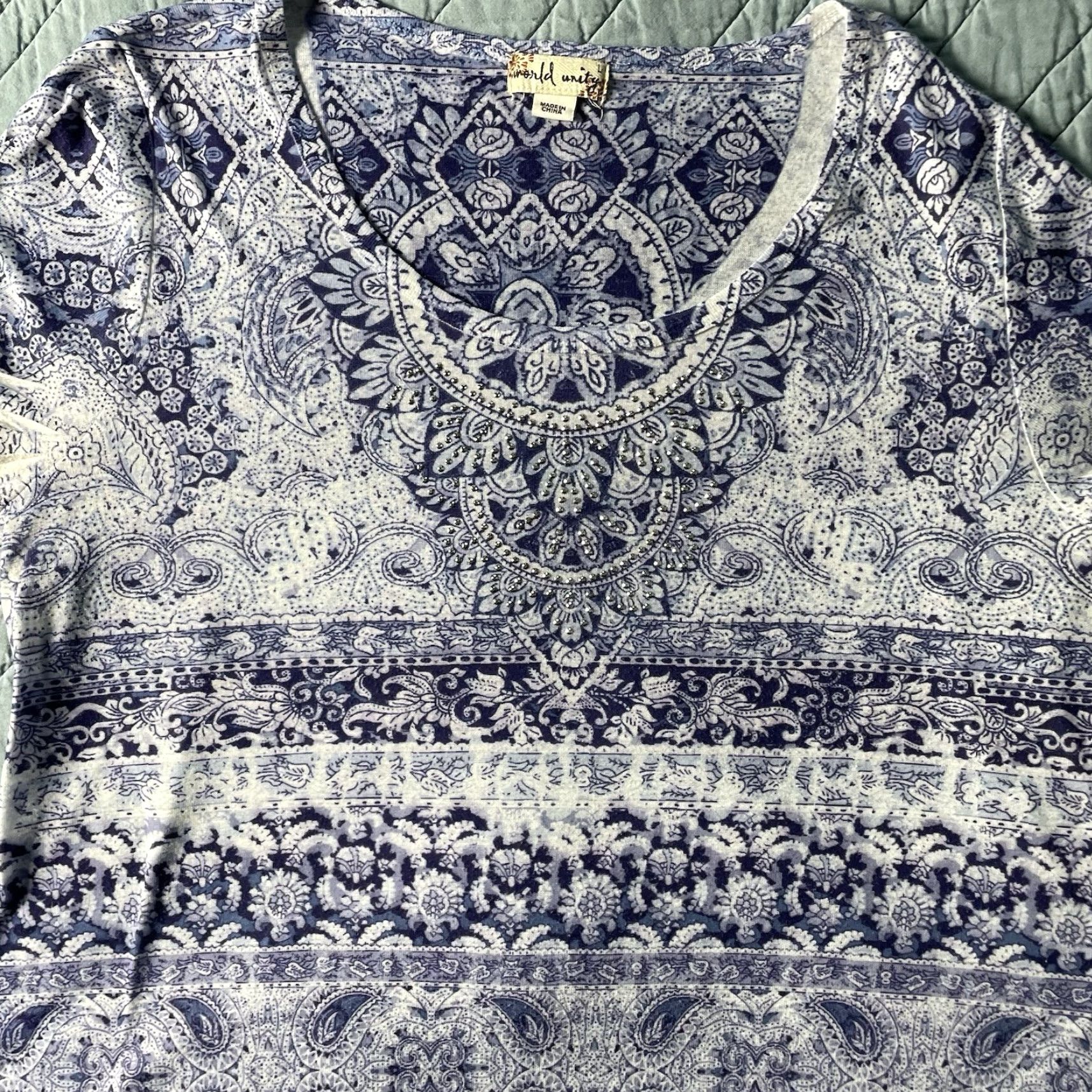 Vintage World Unity Tshirt Womens Large Blue Boho Mandala Studded Short Sleeve Tee Size L / US 10 / IT 46 - 3 Thumbnail