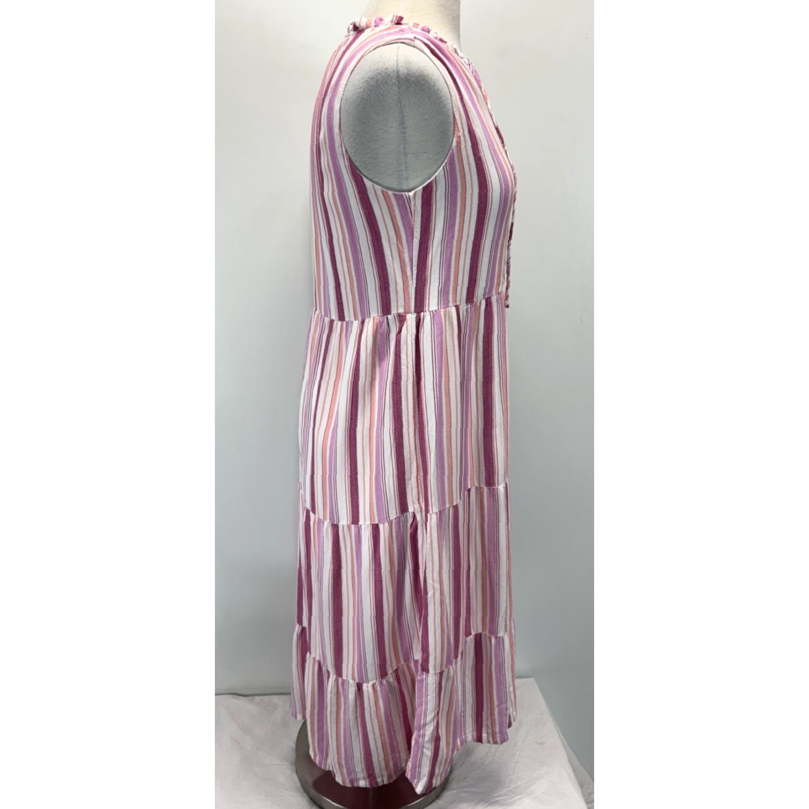 Loft VINTAGE LOFT Tiered Midi Dress Women’s Small Pink Striped Sleeveless Casual Summer Size S / US 4 / IT 40 - 4 Thumbnail