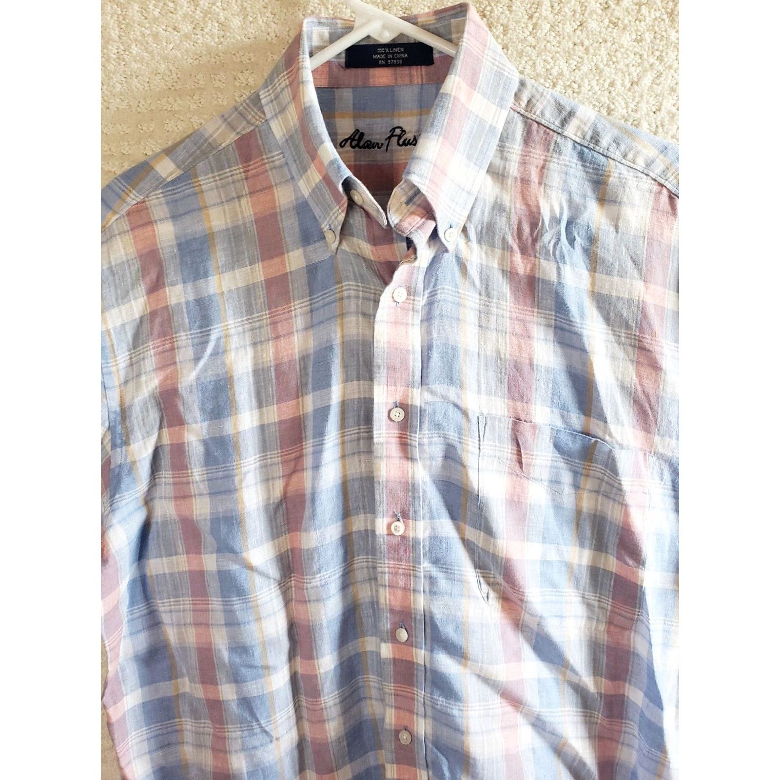 Vintage VINTAGE Alan Flusser 100% Linen Shirt Mens M Blue-Pink Plaid Short Sleeve Button Up Size US M / EU 48-50 / 2 - 3 Thumbnail