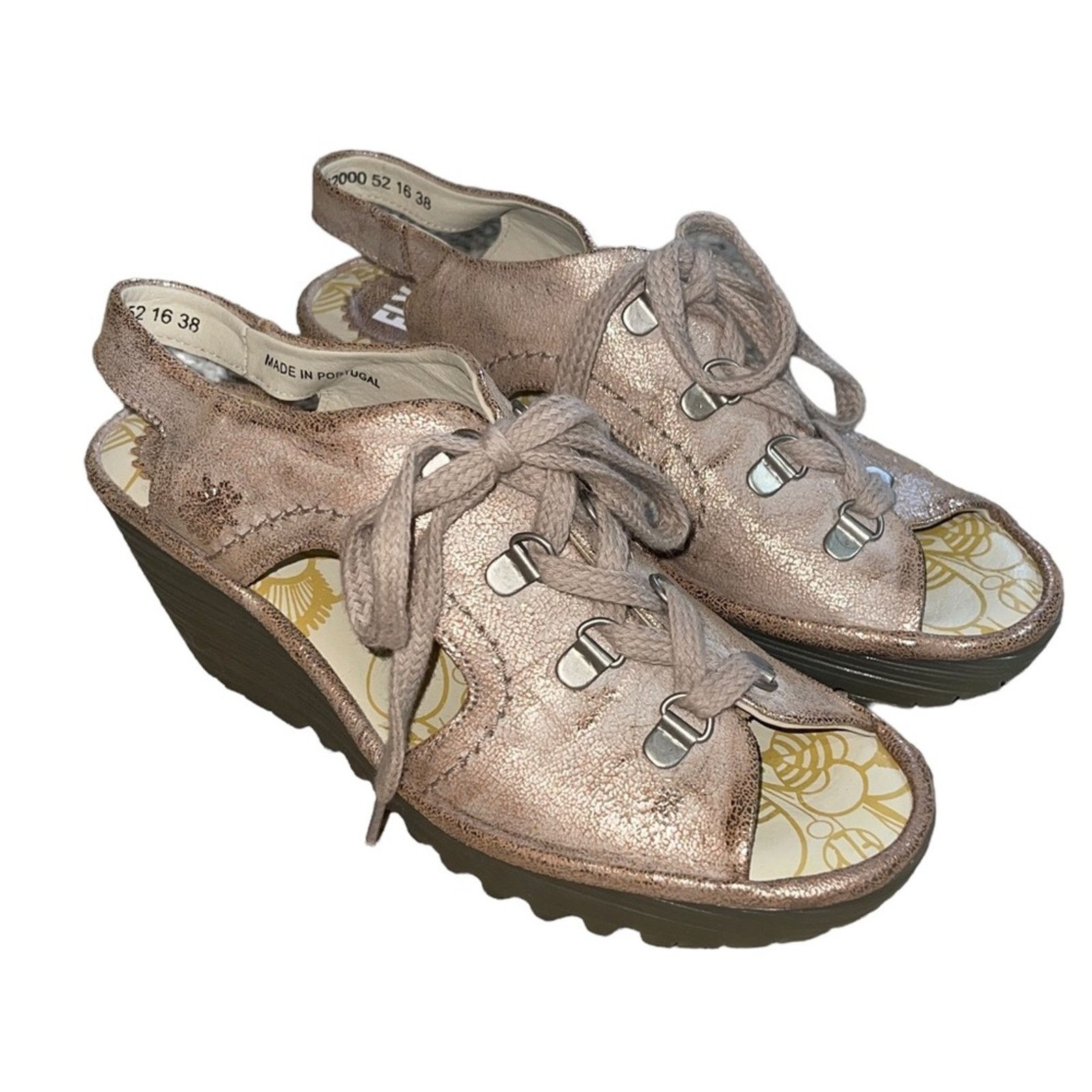 Fly London FLY London Ylfa Leather Lace Up Tan Gold Wedge Sandals Size US 7.5 / IT 37.5 - 1 Thumbnail