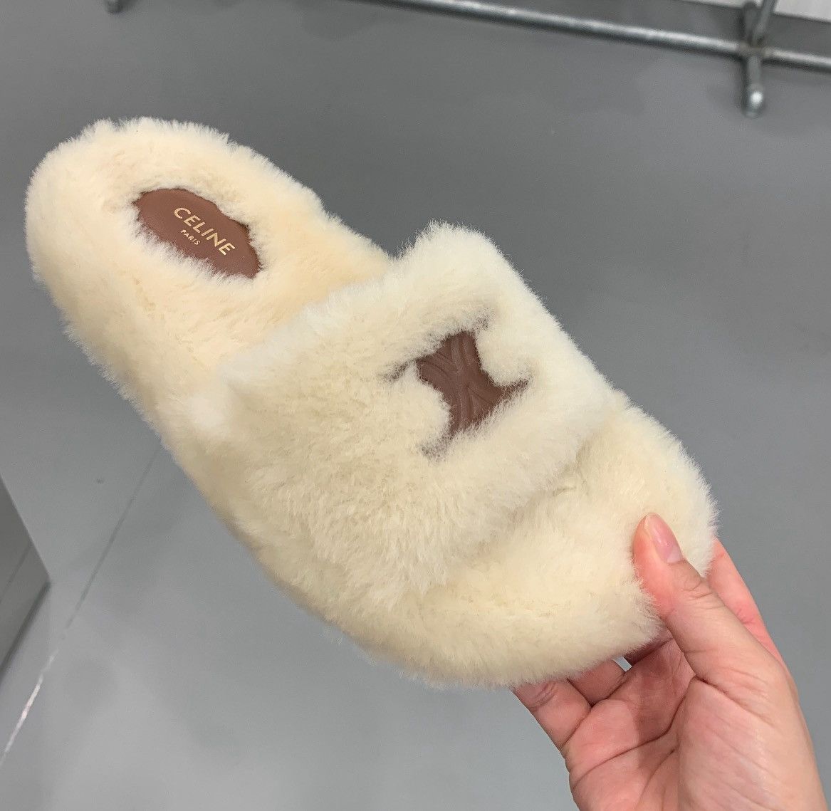 Celine Triomphe Fur Slides in Shearling Beige Size US 7 / IT 37 - 1 Preview