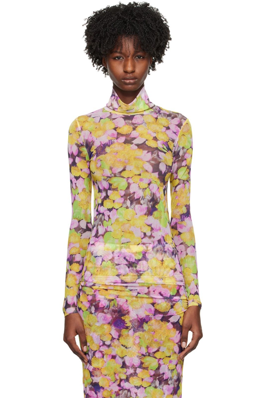 Floral-print stretch-mesh turtleneck top