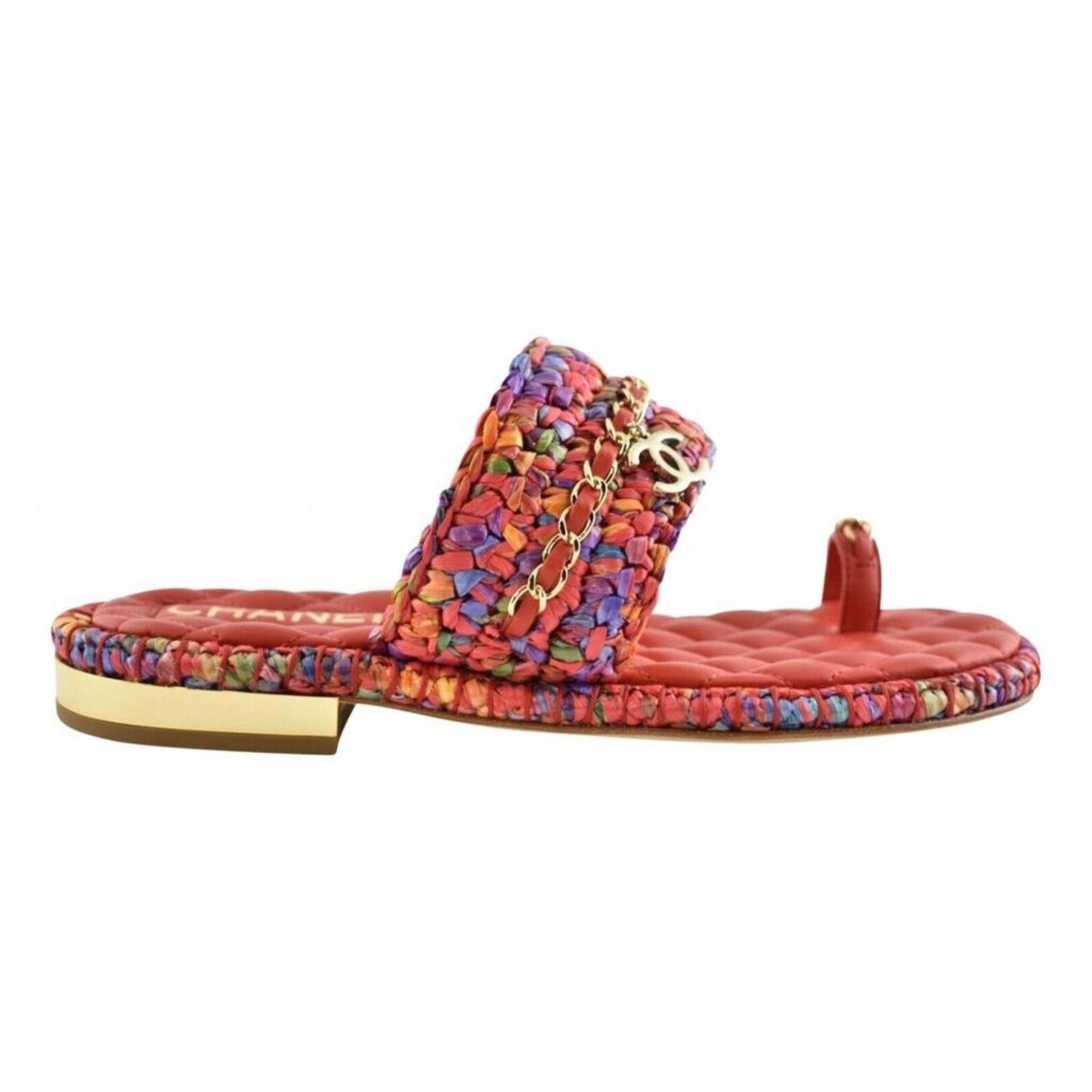 Chanel Chanel 20S Red Blue Purple Raffia Tweed CC Logo Mule Size US 6 / IT 36 - 1 Thumbnail