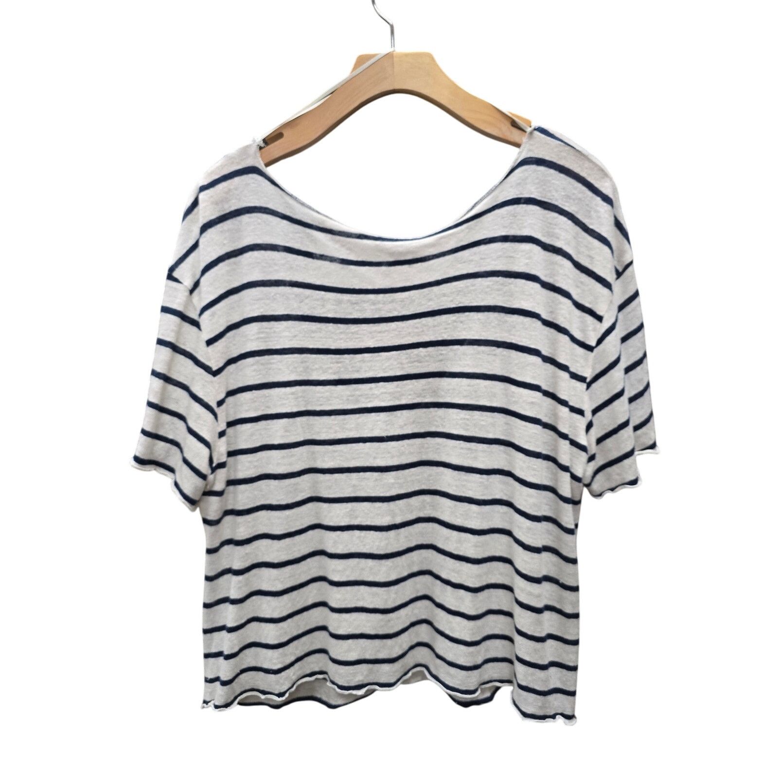 Zara Zara Creme & Navy 100% Linen Top, XL Size XL / US 12-14 / IT 48-50 - 2 Thumbnail