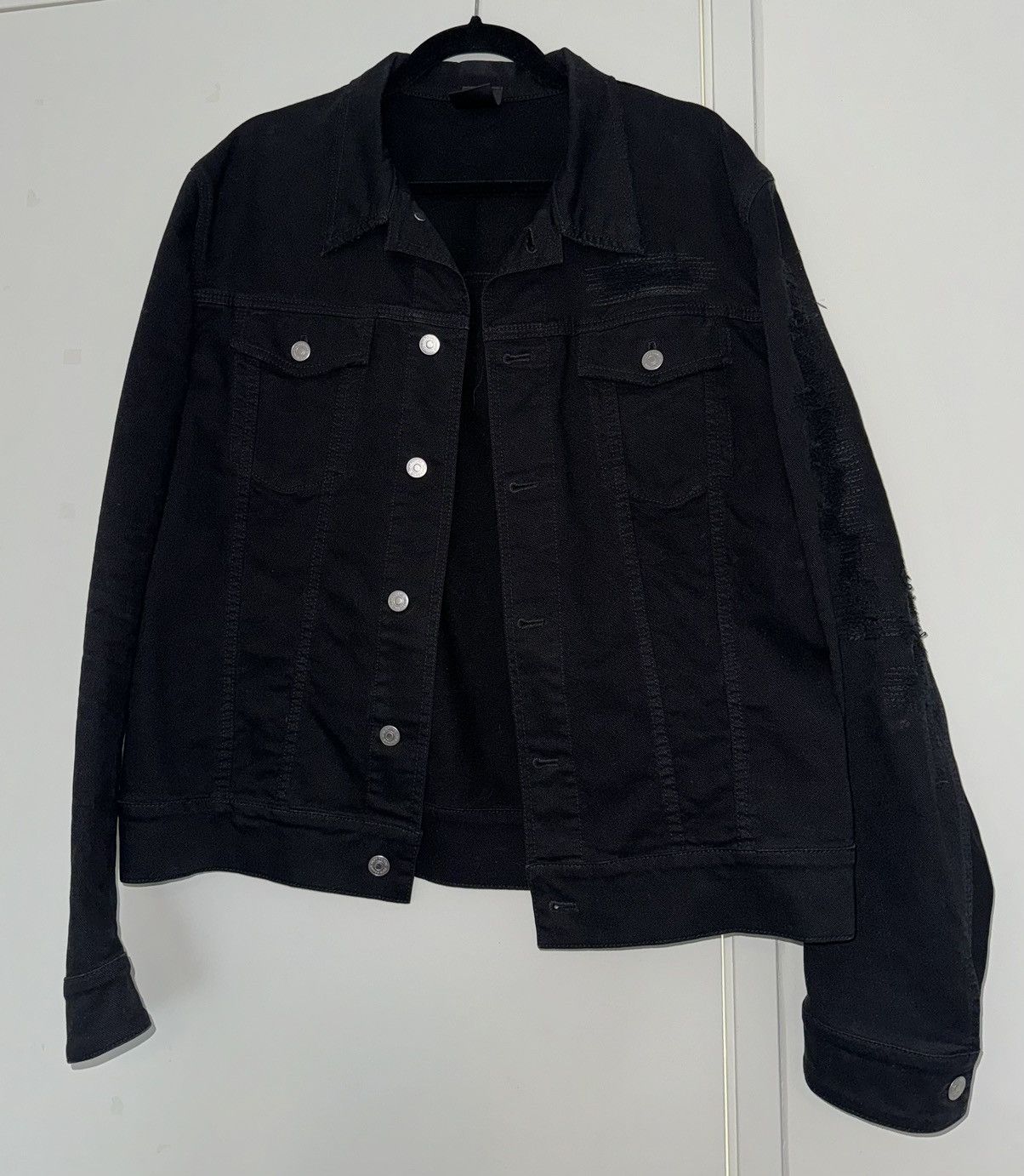 image of Dior Destroyed Black Denim Jacket, Men's (Size Large)