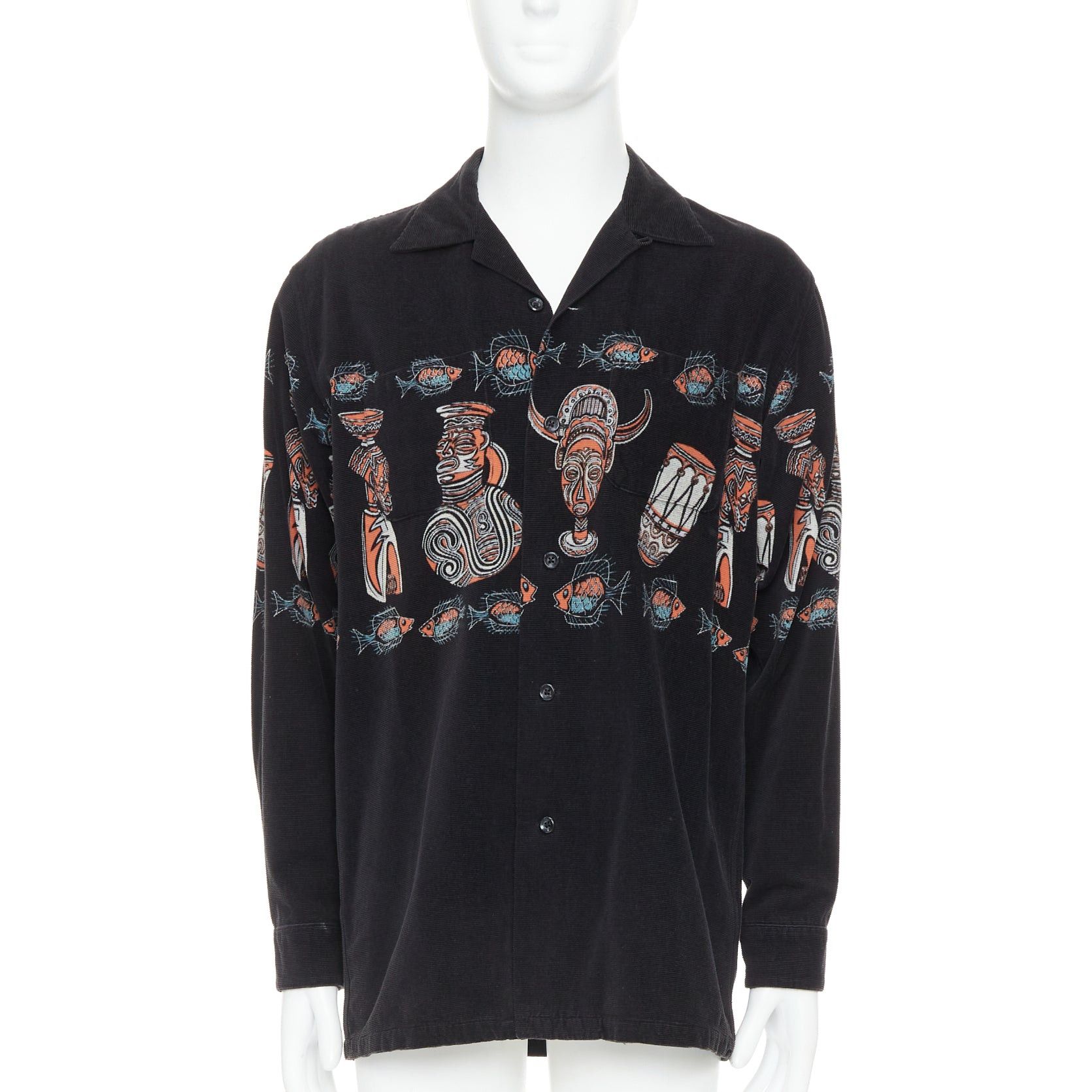 Beams Plus rare BEAMS PLUS Beamswear black aboriginal corduroy ethnic print overshirt L Size 50R - 1 Thumbnail