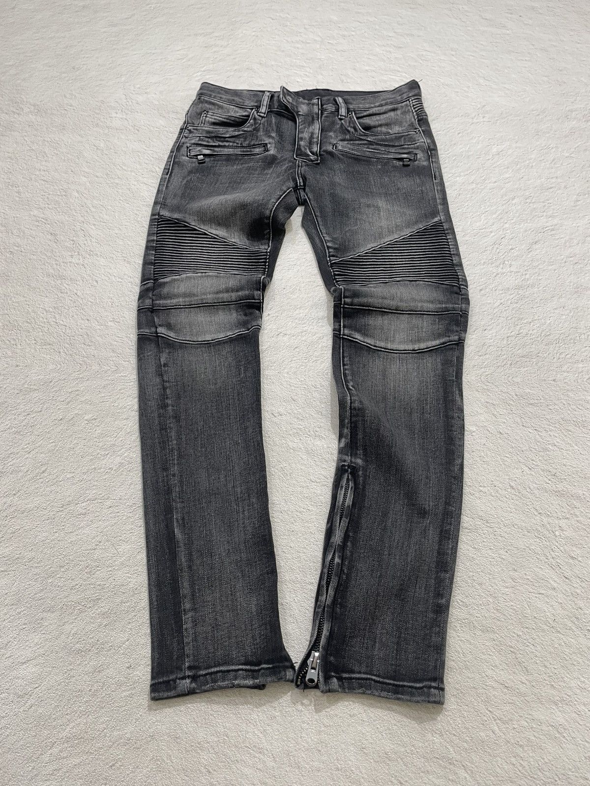Japanese Brand Black washed biker denim jeans ribbed knee panel zipper Size US 31 - 1 Thumbnail