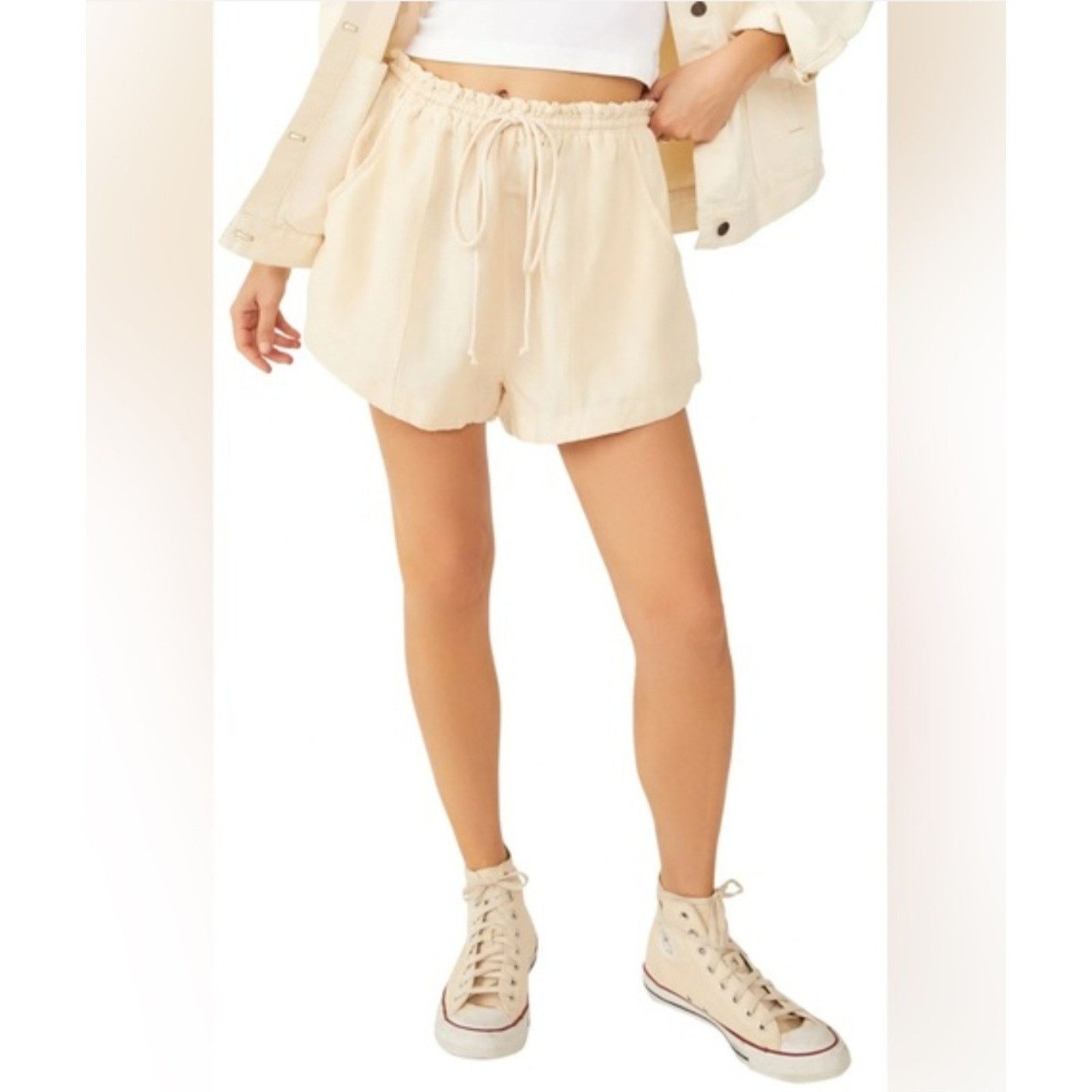 Free People WeThe Free People Mirella Linen & Cotton Drawstring Shorts S Size 27" / US 4 / IT 40 - 2 Thumbnail