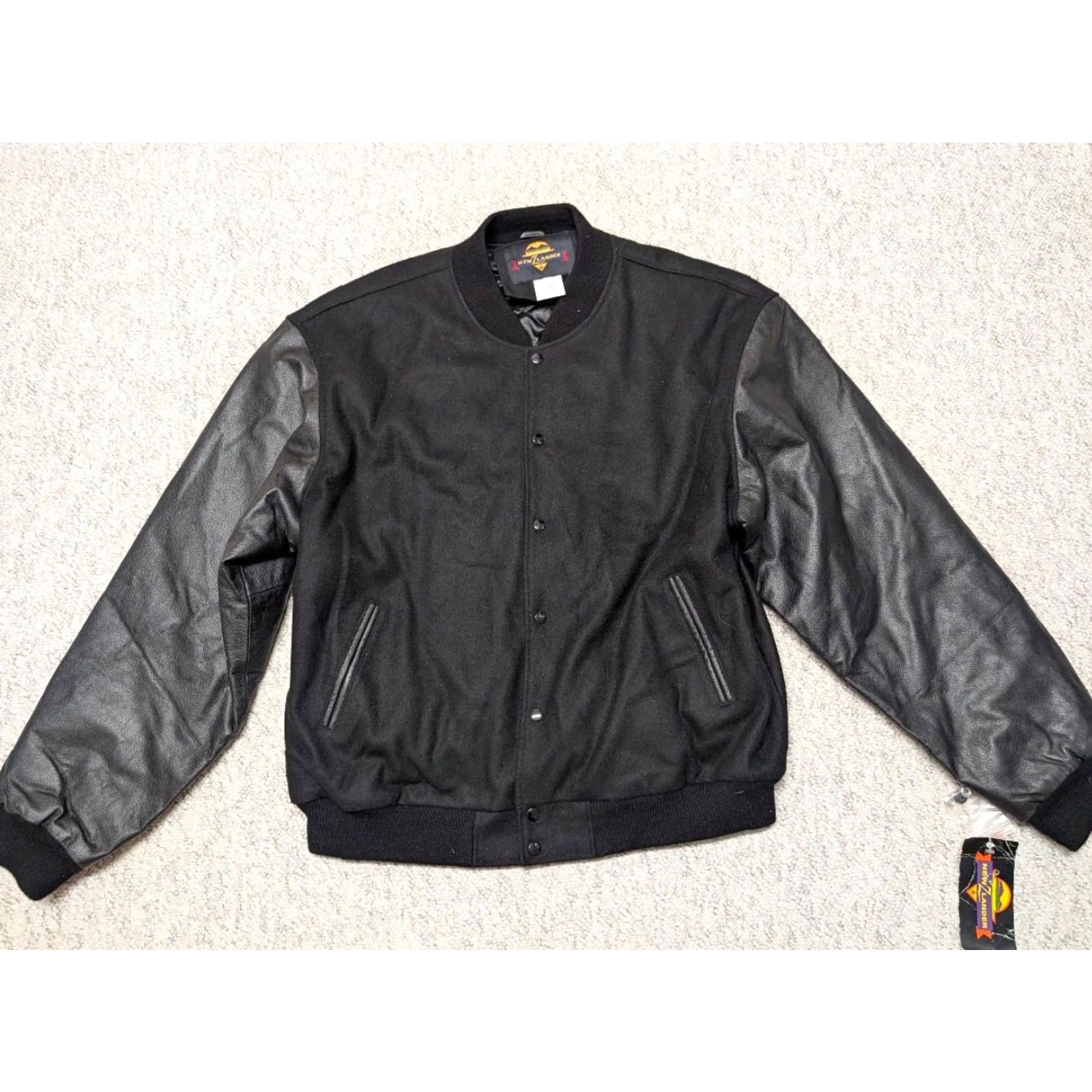 Vintage VINTAGE New ZLander VARSITY Leather Bomber Jacket, 5XL, Black, 56 Chest, Mens, Jacvket, 1990s, Letterman Sleeves, 56, 5XL, NOS? Size US XXL / EU 58 / 5 - 4 Thumbnail