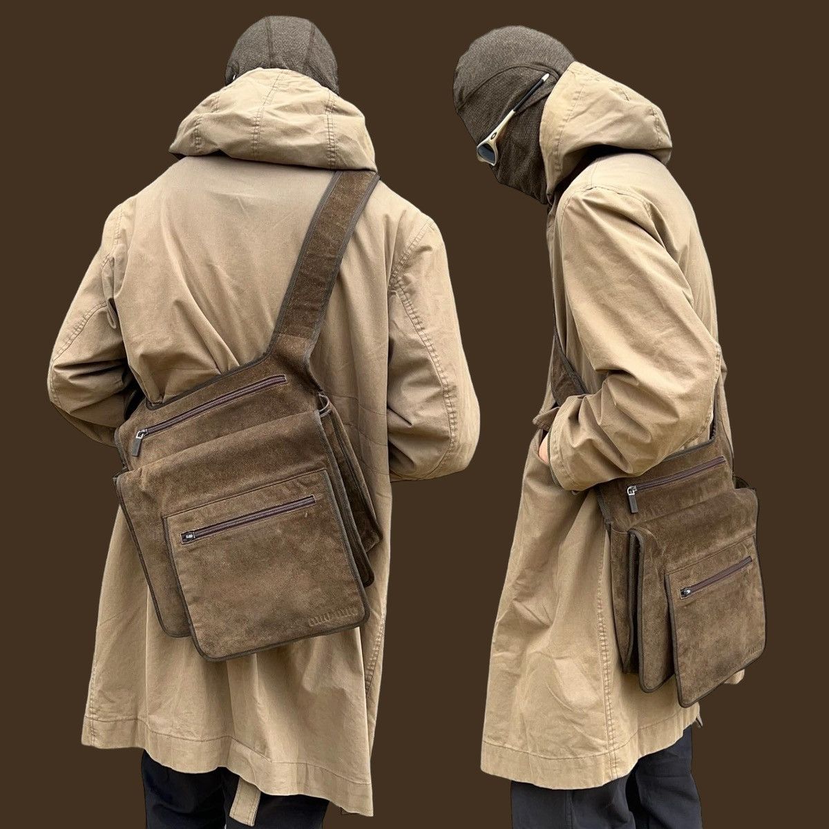 image of Miu Miu 1999 Triple Layer Suede Crossbody Shoulder Bag in Brown, Men's